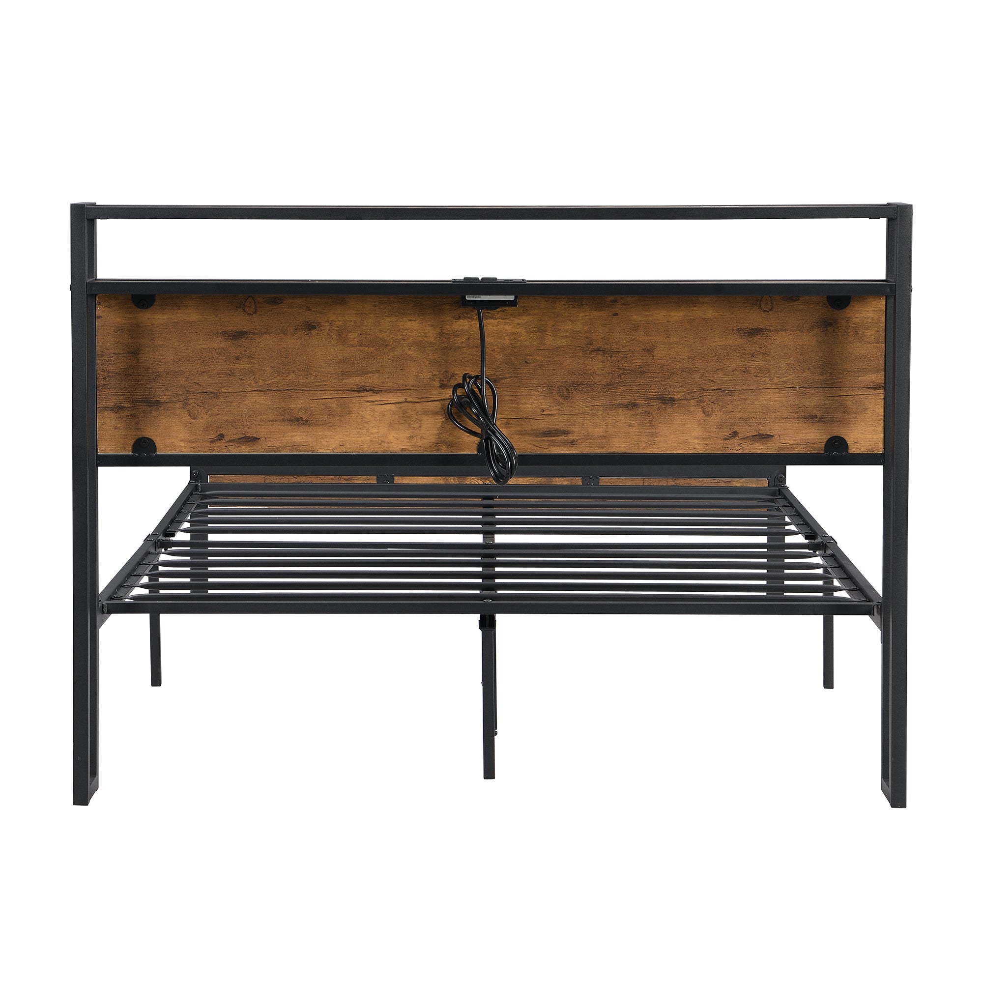 Full Size Metal Platform Bed Frame with Wooden Headboard and Footboard with USB LINER, No Box Spring Needed, Large Under Bed Storage, Easy Assemble