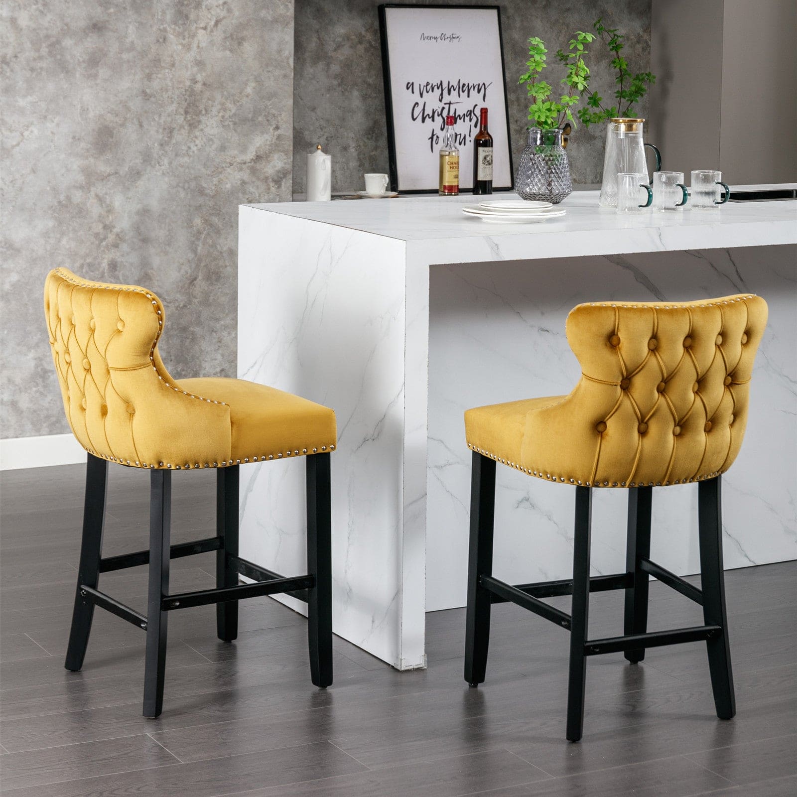 A&A Furniture,Contemporary Velvet Upholstered Wing-Back Barstools with Button Tufted Decoration and Wooden Legs, and Chrome Nailhead Trim, Leisure Style Bar Chairs,Bar stools,Set of 2 (Gold),SW1824GL