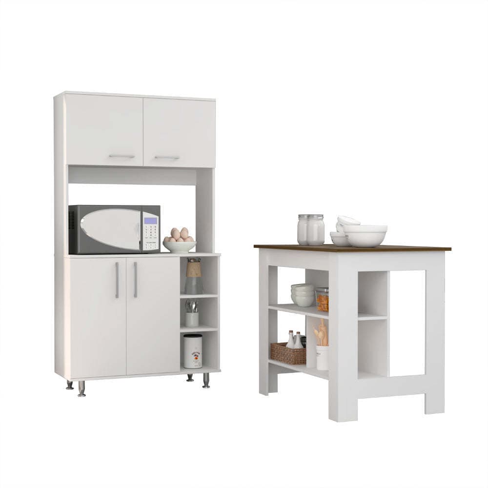 Ralston 7-Shelf 4-Door 2-piece Kitchen Set, Kitchen Island and Pantry Cabinet White and Walnut