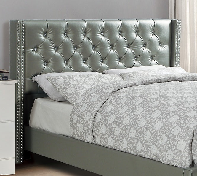 Full Size Bed 1pc  Bed Set Silver Faux Leather Upholstered Tufted Bed Frame Headboard Bedroom Furniture