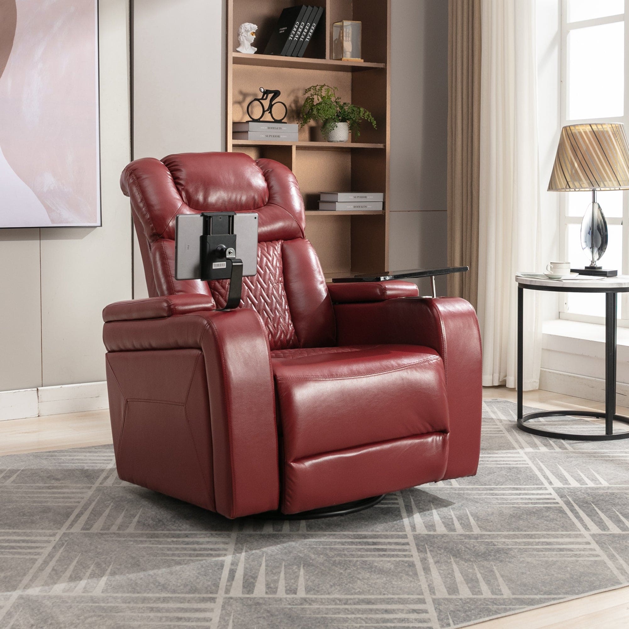 270 Degree Swivel PU Leather Power Recliner Individual Seat Home Theater Recliner with  Comforable Backrest, Tray Table,  Phone Holder, Cup Holder,  USB Port, Hidden Arm Storage for Living Room, Red