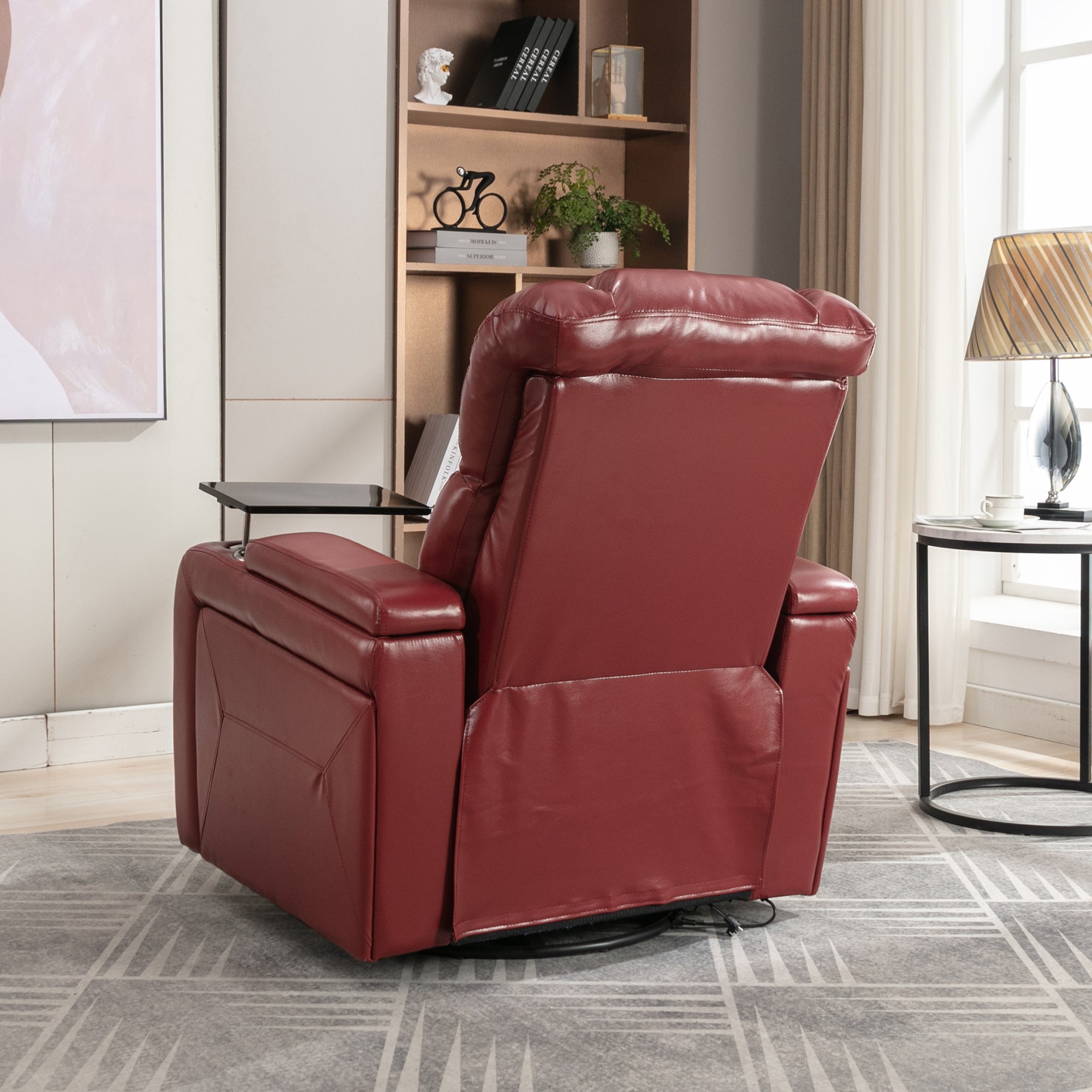 270 Degree Swivel PU Leather Power Recliner Individual Seat Home Theater Recliner with  Comforable Backrest, Tray Table,  Phone Holder, Cup Holder,  USB Port, Hidden Arm Storage for Living Room, Red