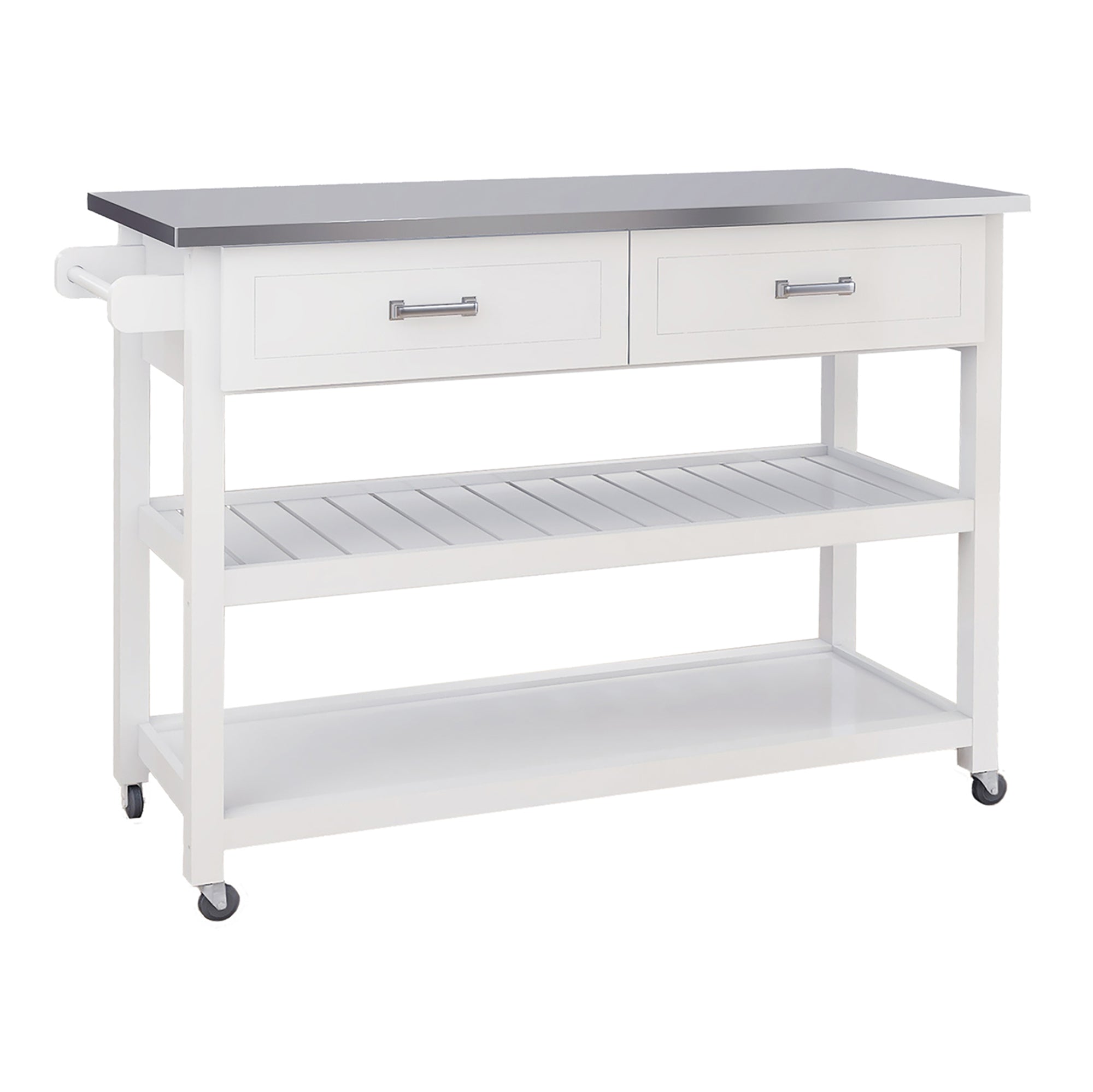 Stainless Steel Table Top White Kicthen Cart With Two Drawers