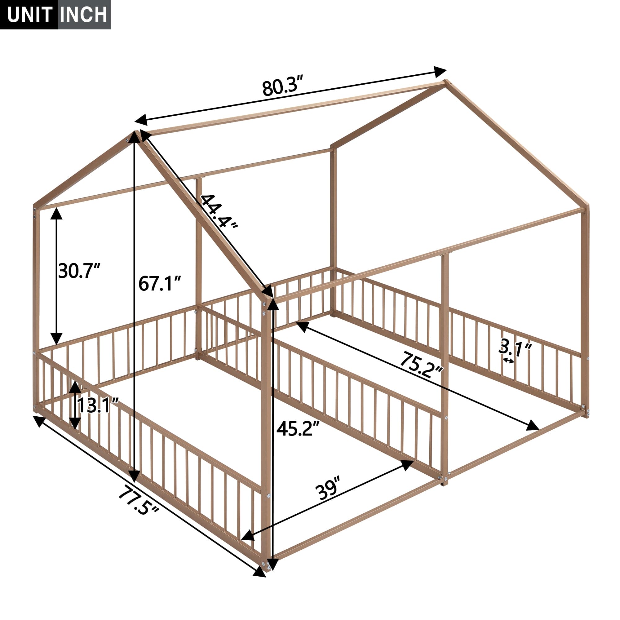 Metal Twin Size House Platform Beds, Two Shared Beds, Gold