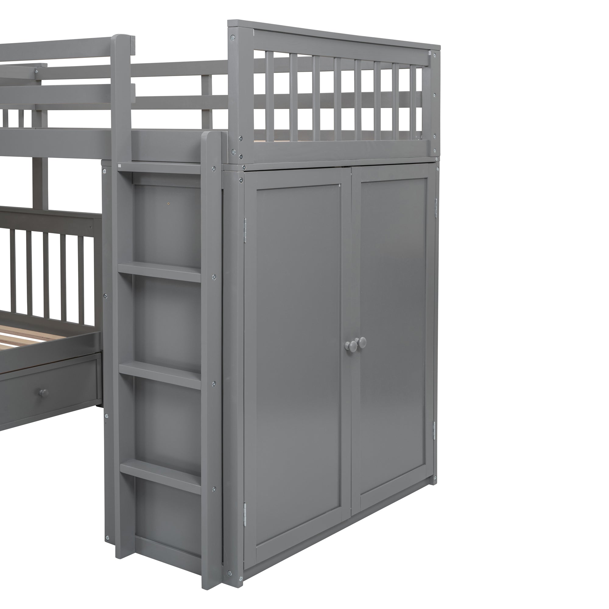 Twin-Twin over Full L-Shaped Bunk Bed With 3 Drawers, Portable Desk and Wardrobe, Gray