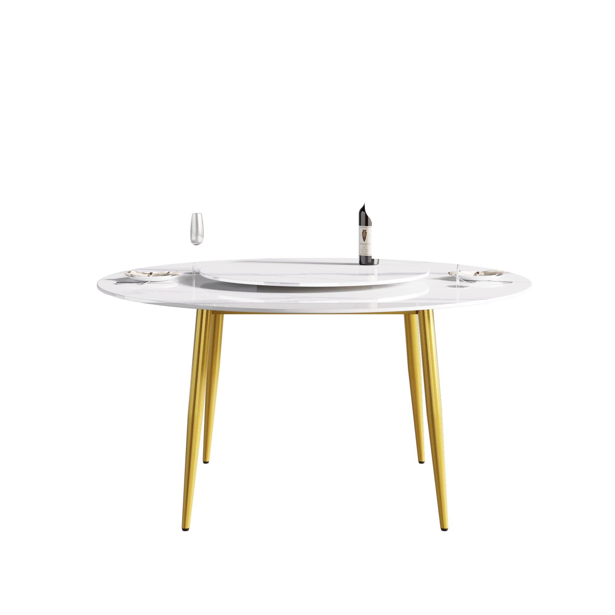 59.05"Modern artificial stone round golden metal dining table-can accommodate 6 people-31.5"white artificial stone turntable