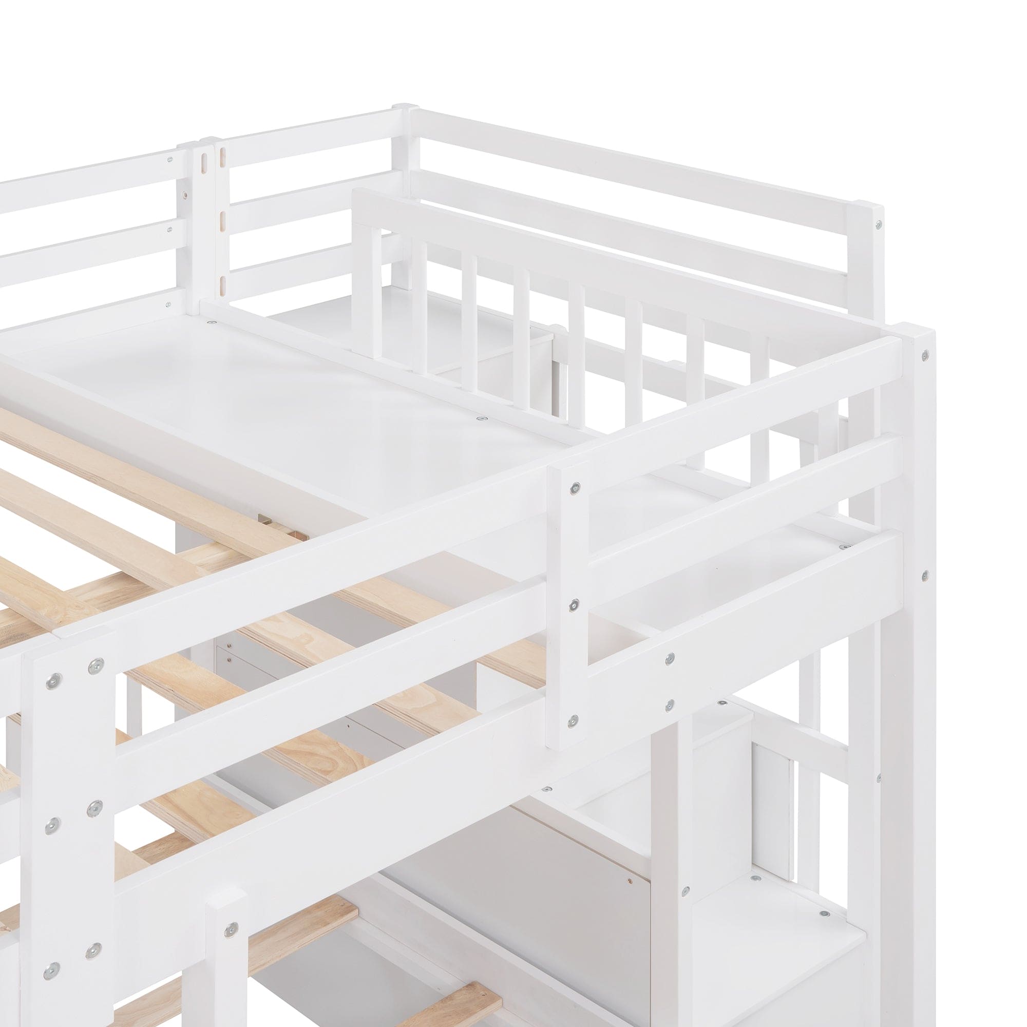 Full Over Twin & Twin Bunk Bed, Wood Triple Bunk Bed with Drawers and Guardrails (White)