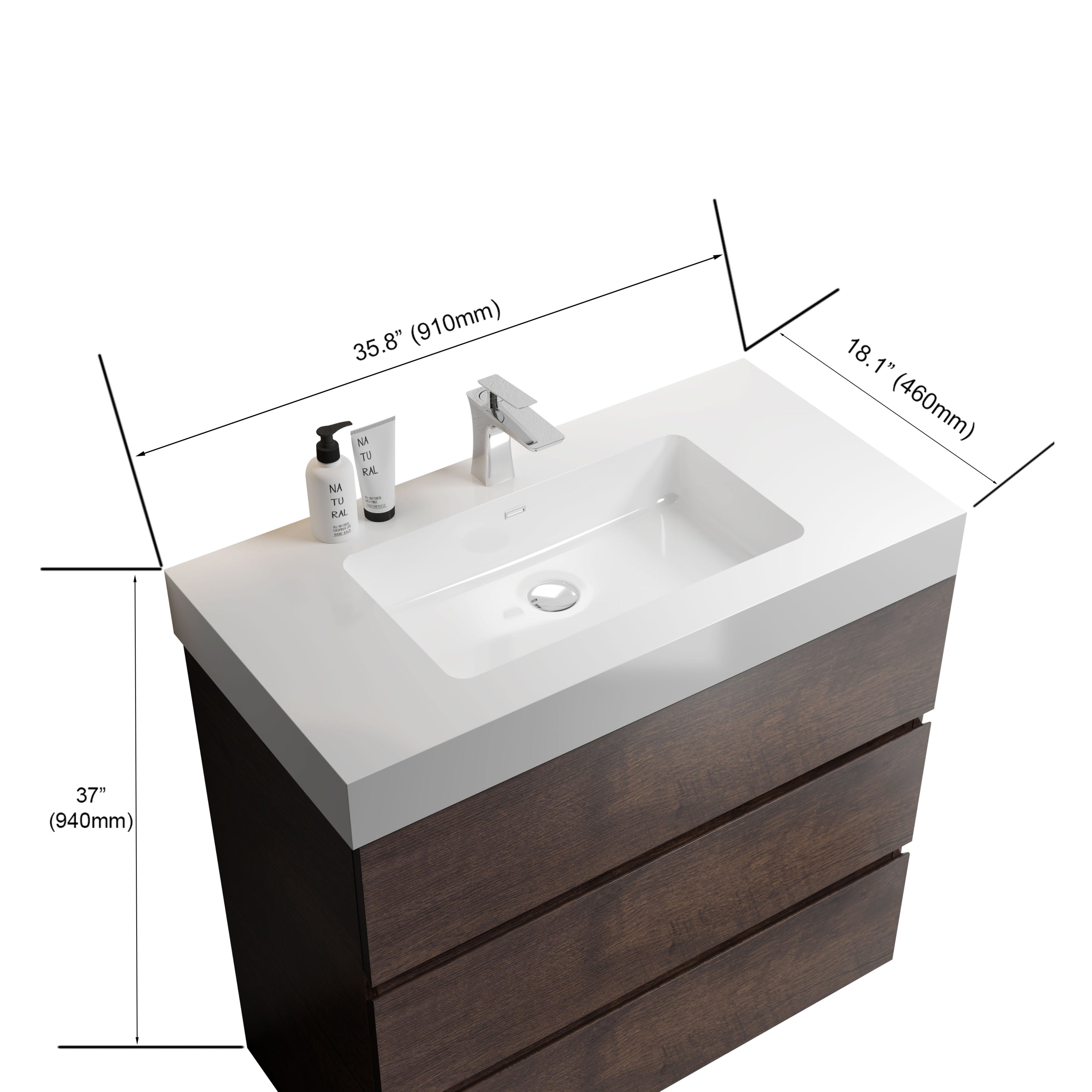 Alice 36" Walnut Bathroom Vanity with Sink, Large Storage Freestanding Bathroom Vanity for Modern Bathroom, One-Piece White Sink Basin without Drain and Faucet