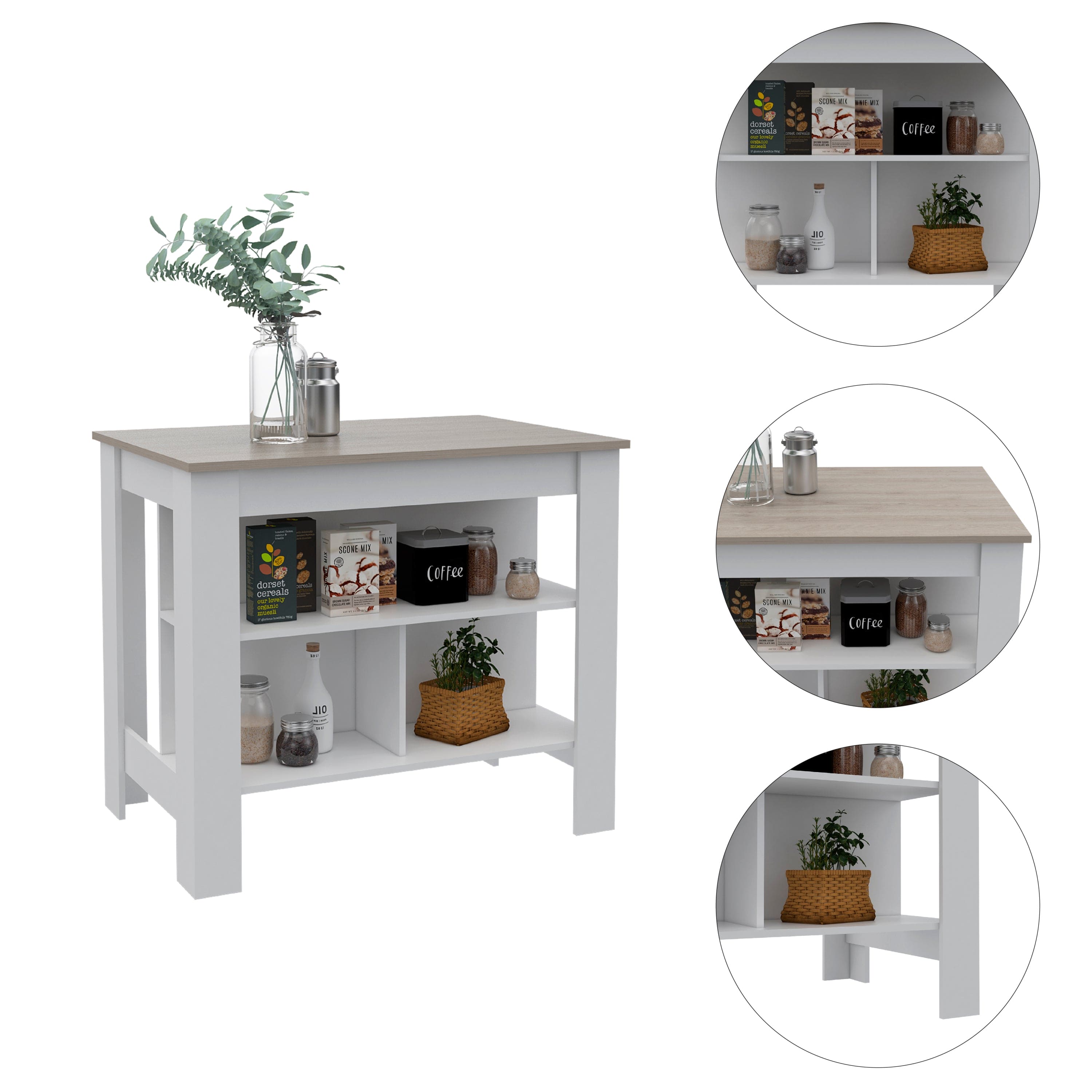 Cala Kitchen Island Antibacterial, Three Shelves, Four Legs  -Light Gray / White