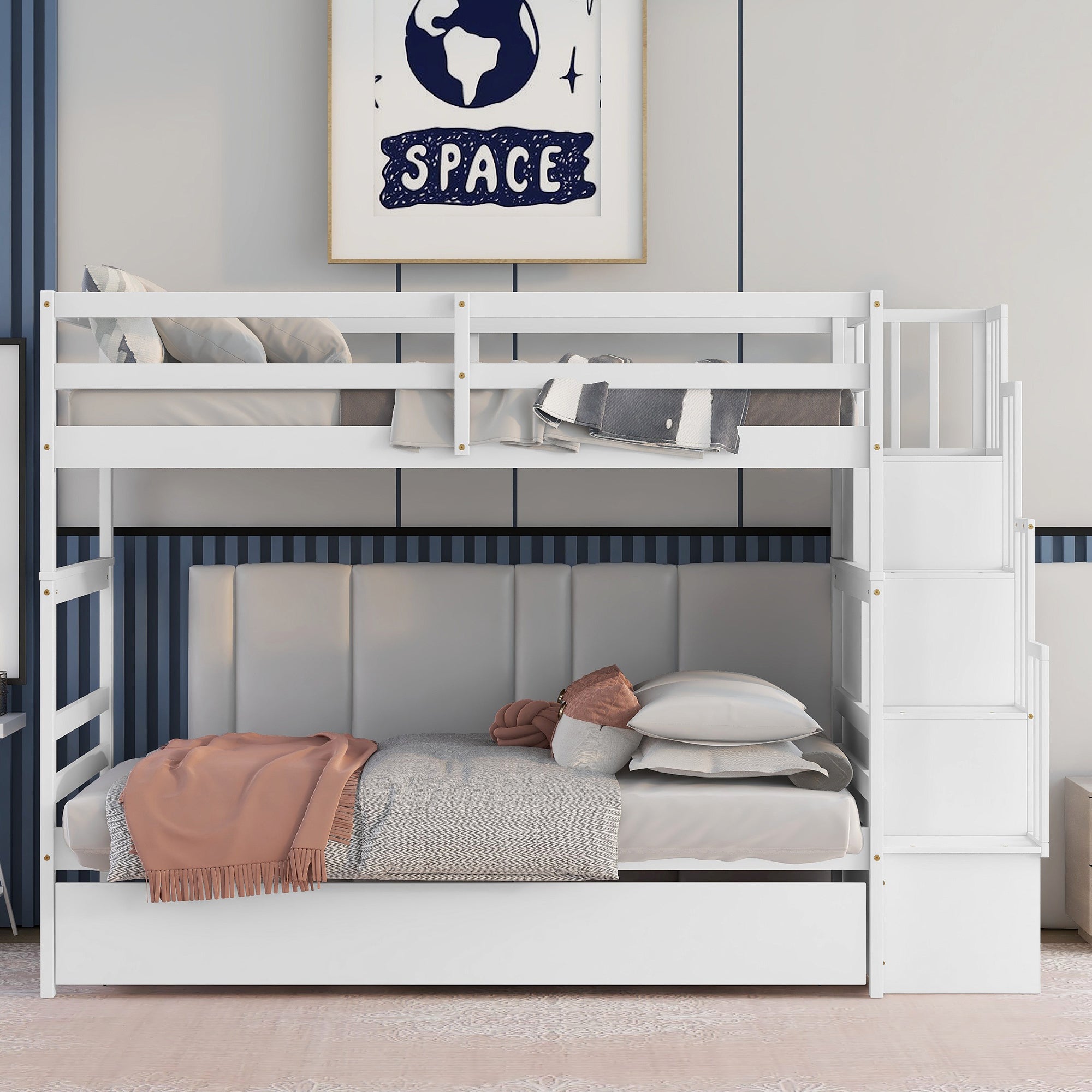 Twin over Twin Bunk Beds With Twin Trundle and Stairway Storage Function in White color