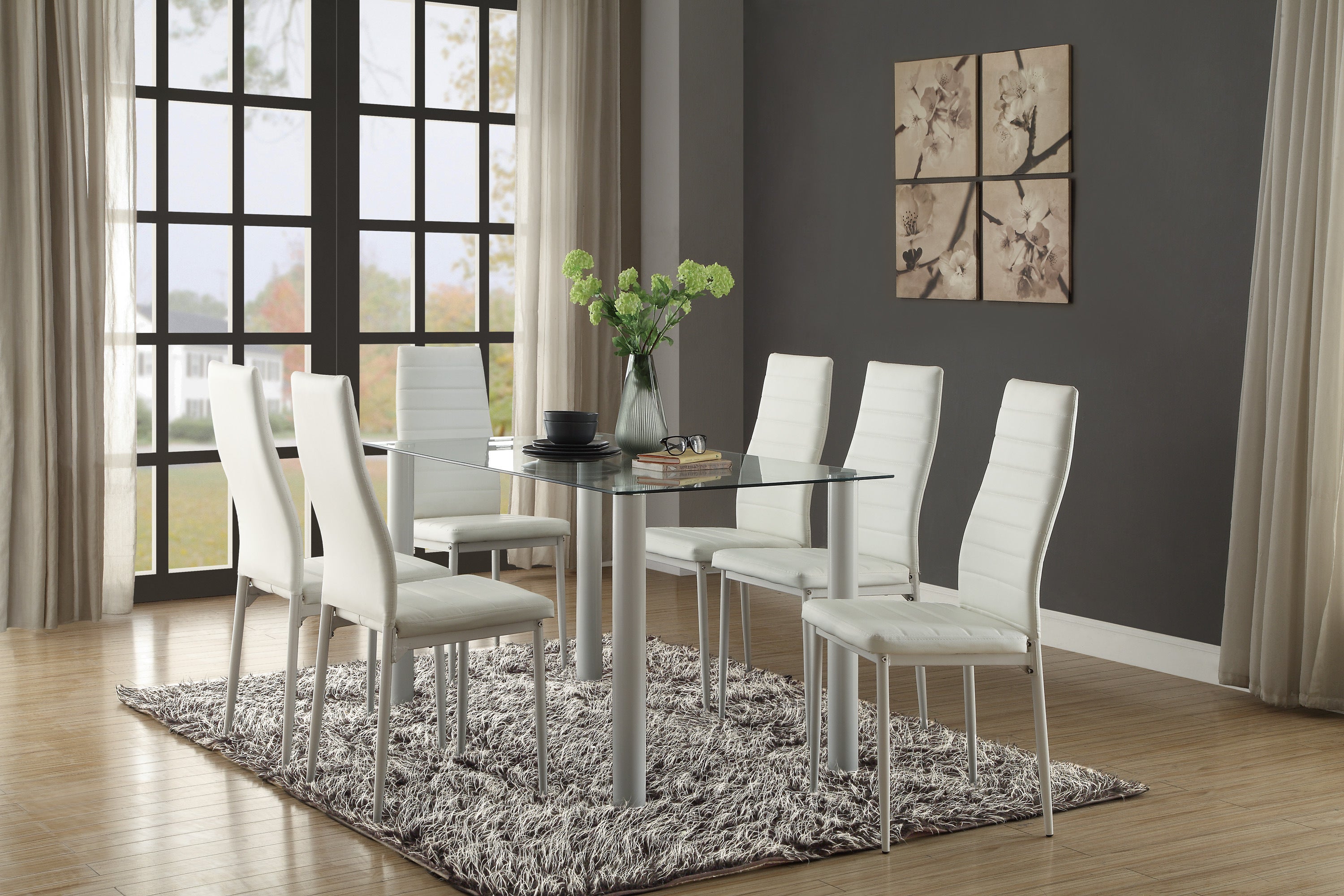 Modern Style White Metal Finish Side Chairs 2pc Set Faux Leather Covered Contemporary Dining Room Furniture