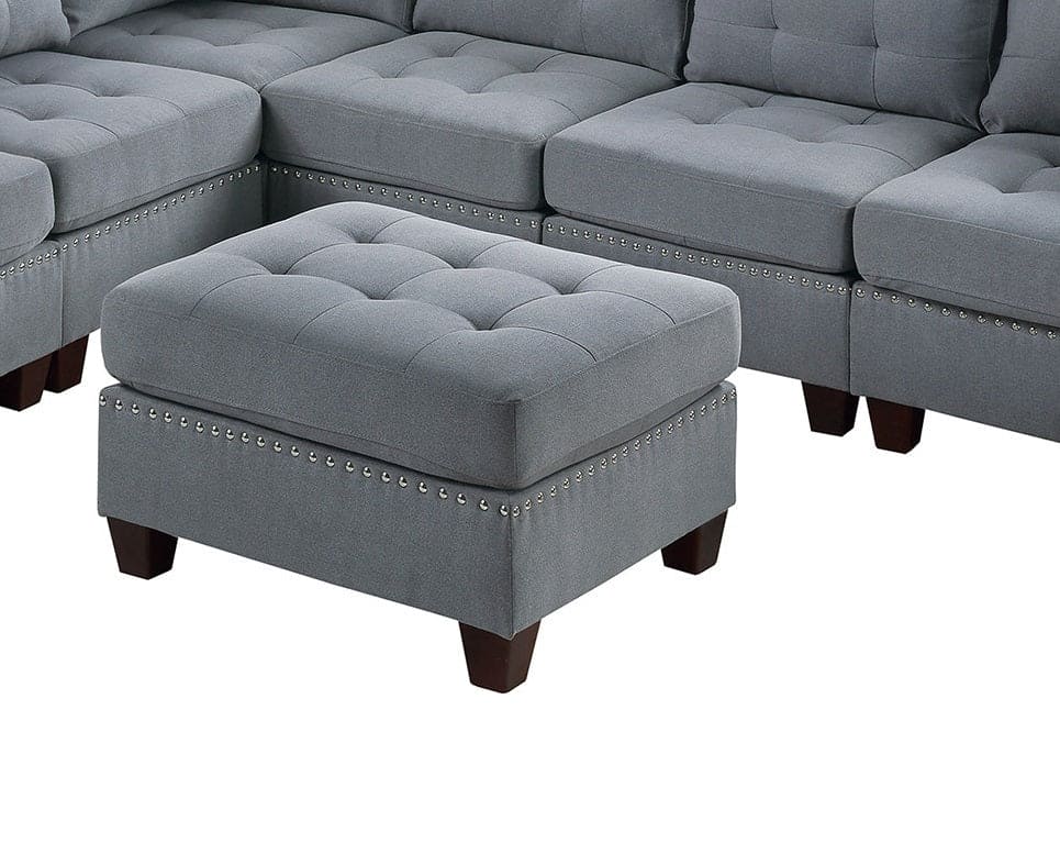 Living Room Furniture Tufted Ottoman Grey Linen Like Fabric 1pc Ottoman Cushion Nail heads Wooden Legs