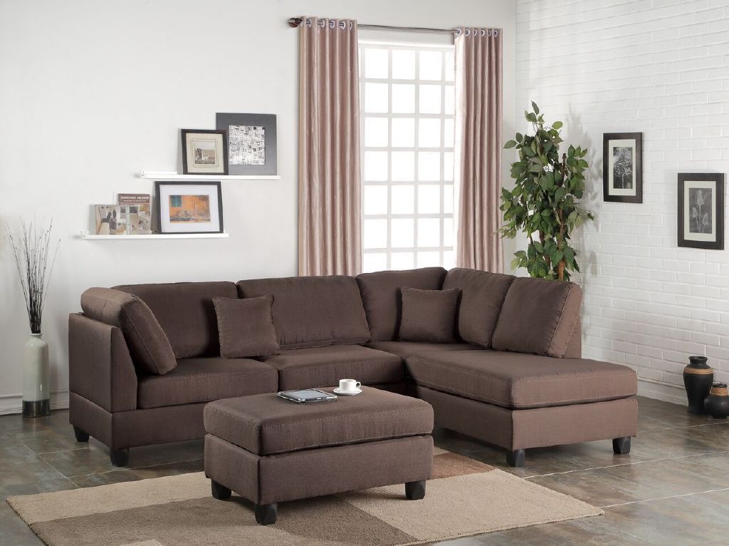 Chocolate Color 3pcs Sectional Living Room Furniture Reversible Chaise Sofa And Ottoman Polyfiber Linen Like Fabric Cushion Couch