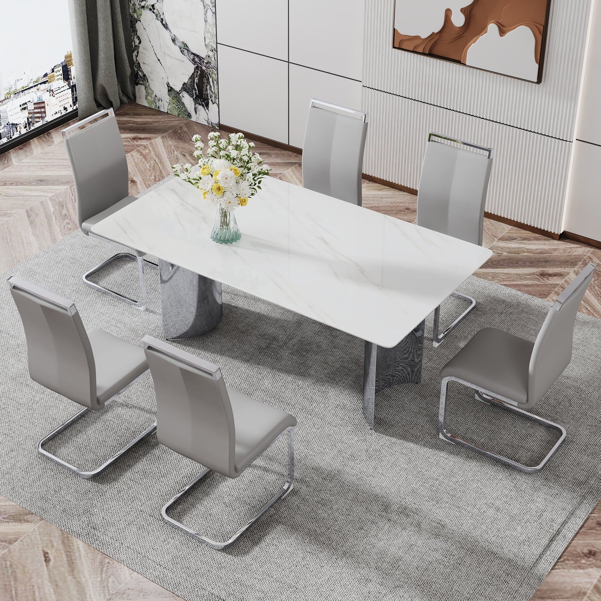 Modern minimalist dining table. The white imitation marble glass desktop is equipped with silver metal legs. Suitable for restaurants and living rooms  71" *39.3" *29.5"  DT-69