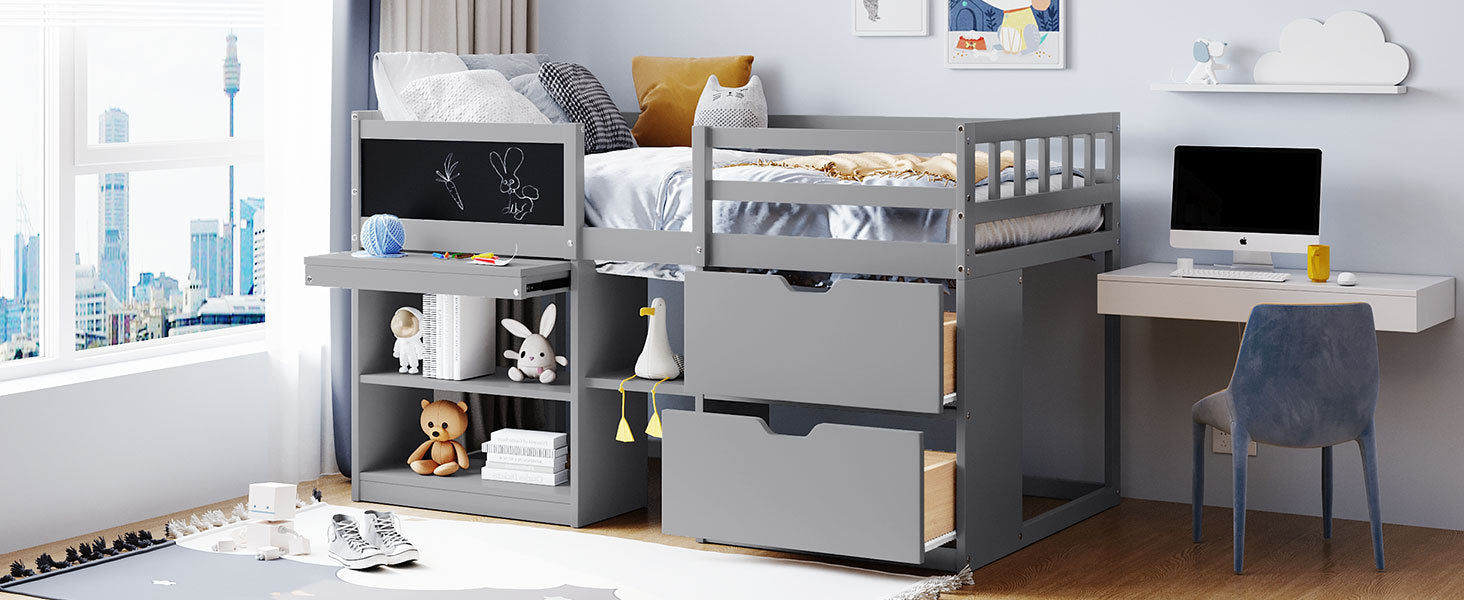 Twin Size Low Loft Bed with Rolling Desk, Shelf and Drawers - Gray