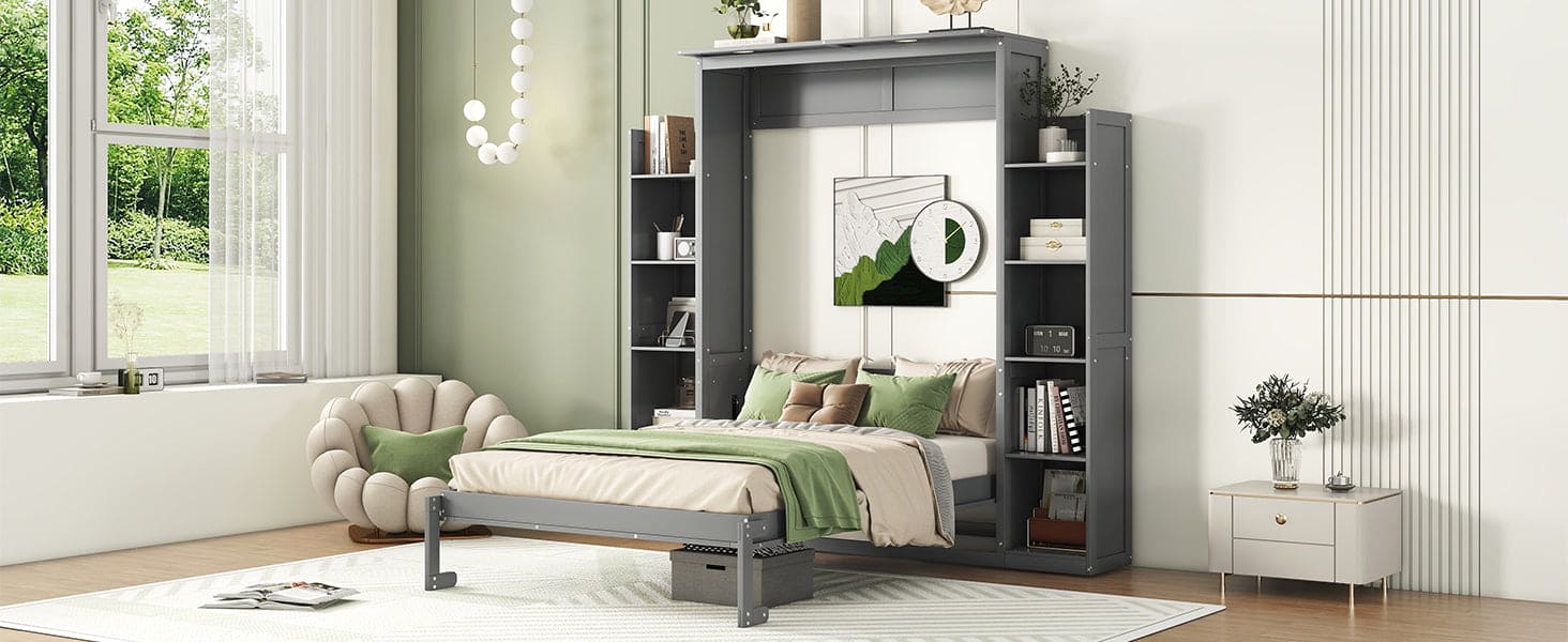 Full Size Murphy Bed Wall Bed with Shelves and LED Lights,Gray