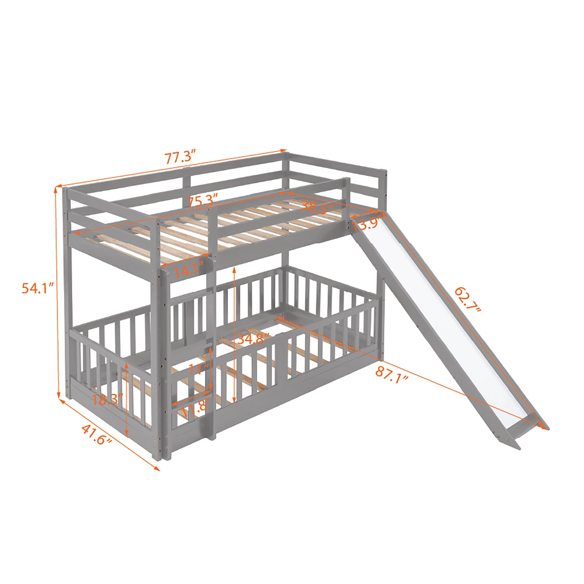 Twin Over Twin Bunk Bed with Slide and Ladder, Gray（Old SKU:LP000009AAE）