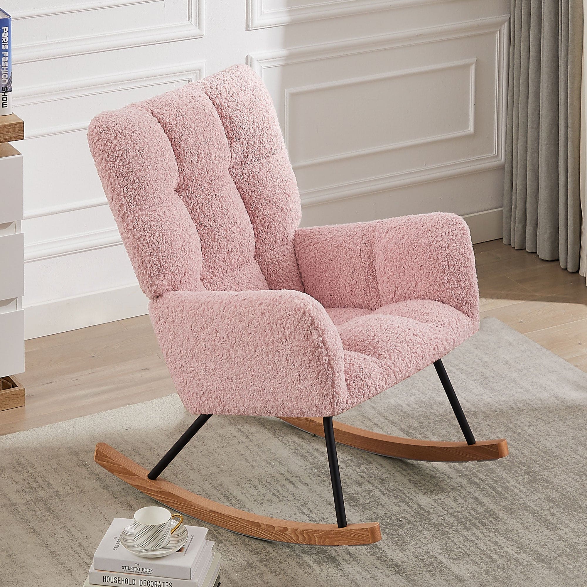 Rocking Chair, Leisure Sofa Glider Chair, Comfy Upholstered Lounge Chair with High Backrest, for Nursing Baby, Reading, Napping PINK