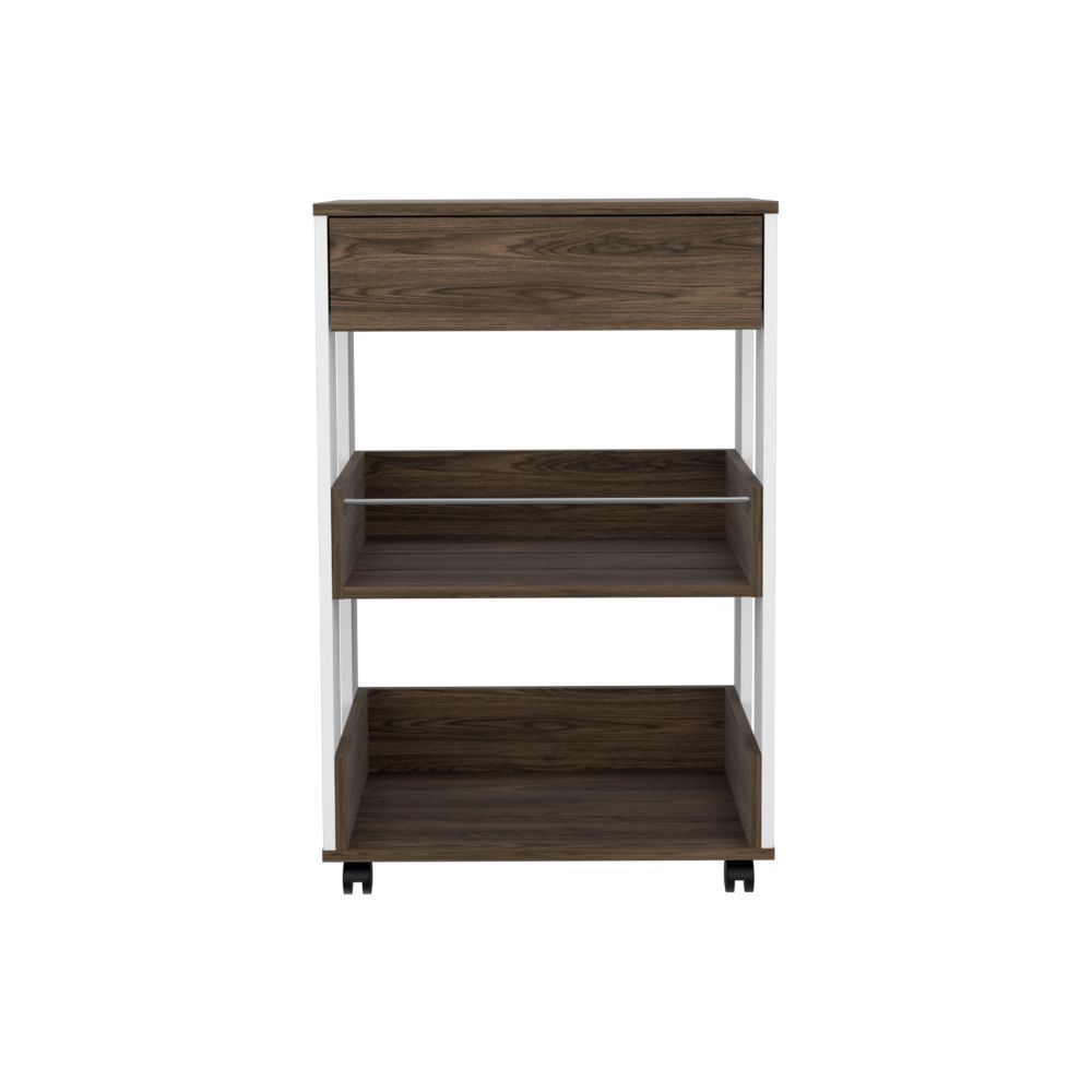 DEPOT E-SHOP Pillar Kitchen Cart, Four Casters, Three Shelves, White / Dark Walnut