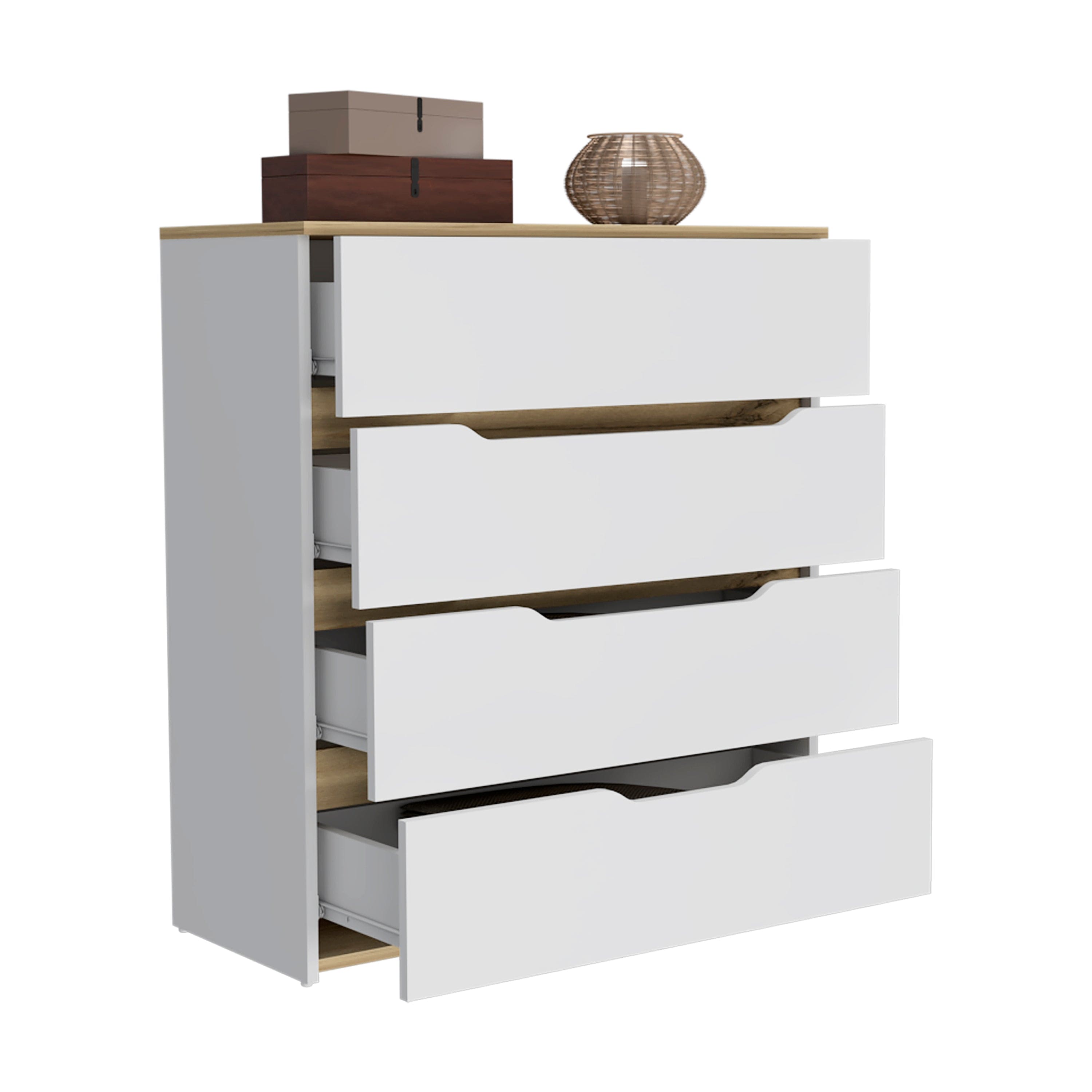 Dresser Oboe, Superior Top, Four Drawers, White / Light Oak Finish