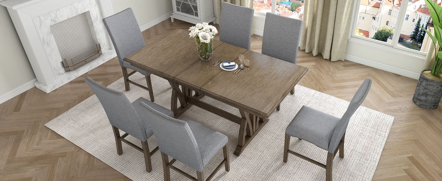 TOPMAX Mid-Century Solid Wood 7-Piece Dining Table Set Extendable Kitchen Table Set with Upholstered Chairs and 12" Leaf for 6, Golden Brown+Gray Cushion