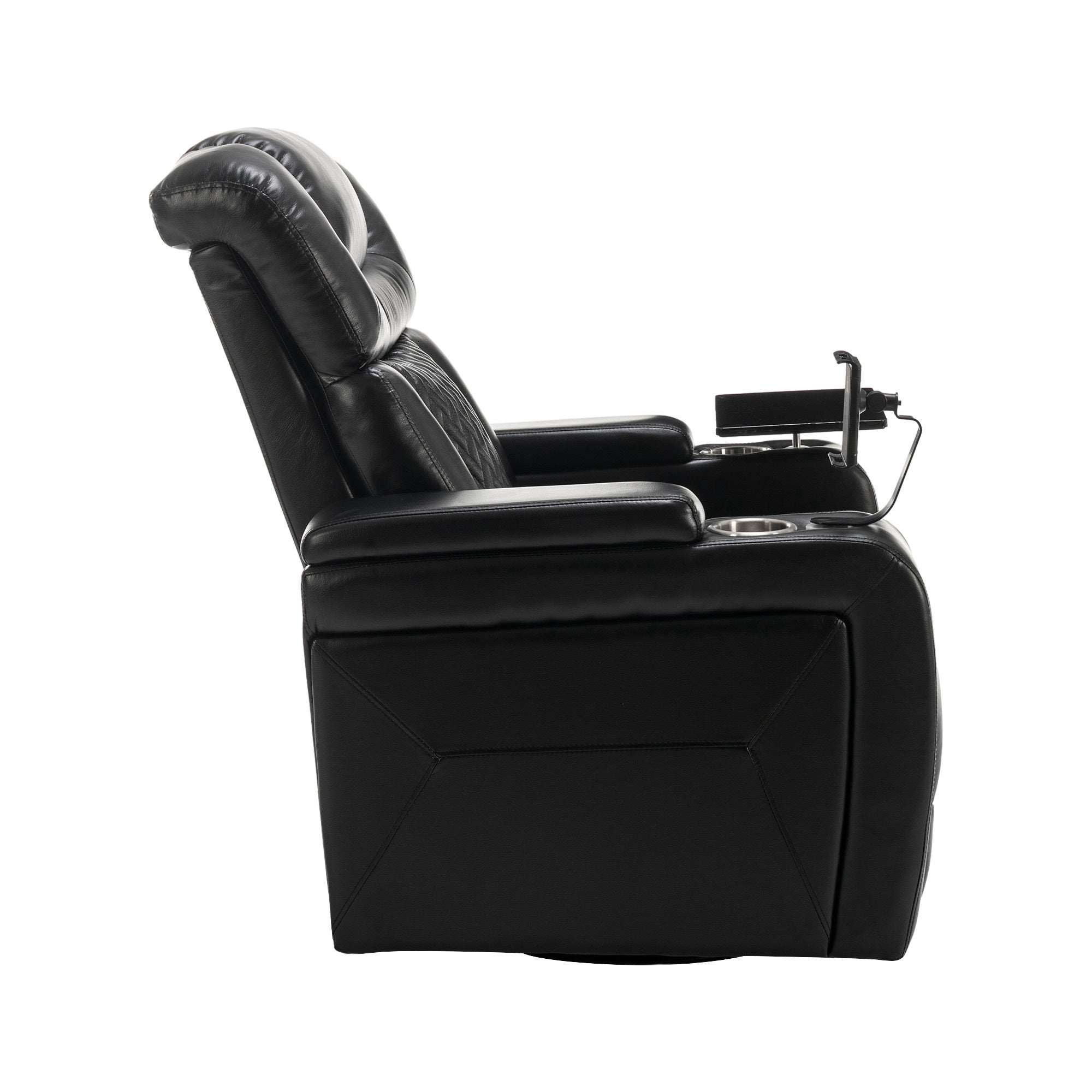 270 Degree Swivel PU Leather Power Recliner Individual Seat Home Theater Recliner with  Comforable Backrest, Tray Table,  Phone Holder, Cup Holder,  USB Port, Hidden Arm Storage for Living Room, Black