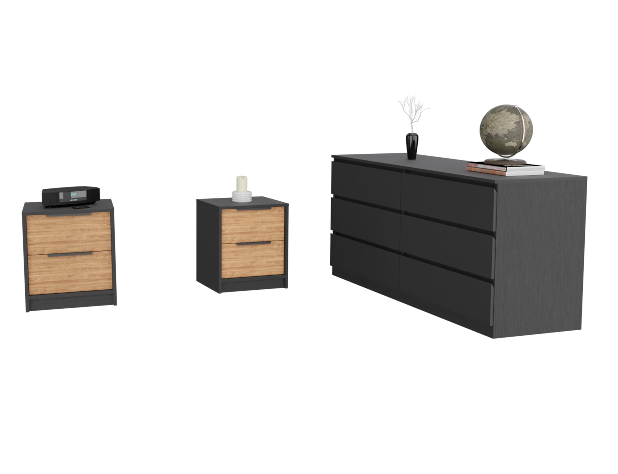 Rock Creek 3-Piece Bedroom Set, Two Nightstands and Dresser, Black Wengue and Pine