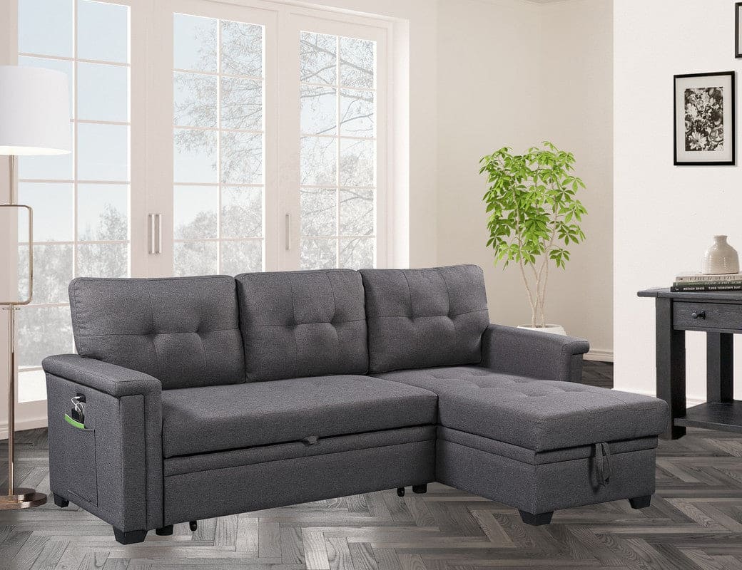 Nathan Dark Gray Reversible Sleeper Sectional Sofa with Storage Chaise, USB Charging Ports and Pocket