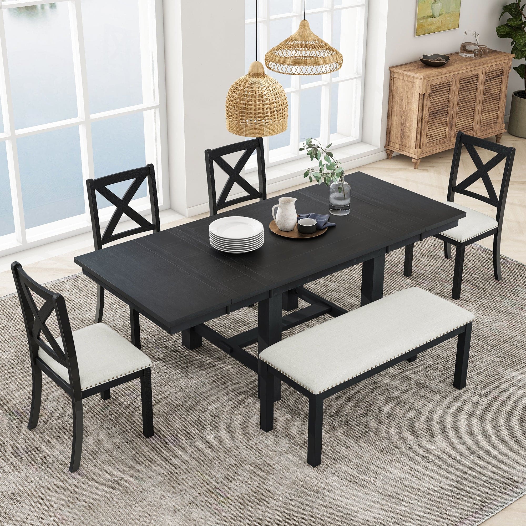 TOPMAX Farmhouse 82inch 6-Piece Extendable Dining Table with Footrest, 4 Upholstered Dining Chairs and Dining Bench, Two 11"Removable Leaf, Black+Beige Cushion