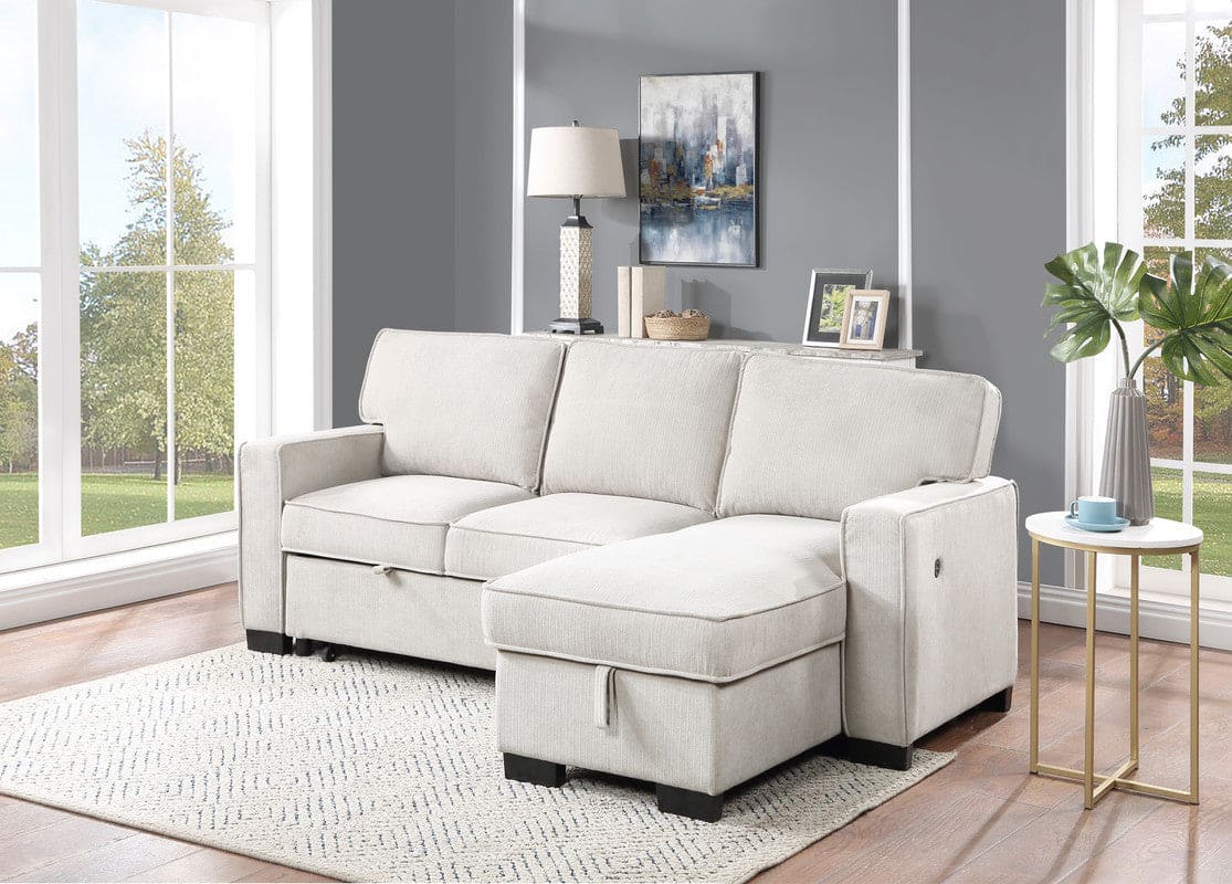 Estelle Beige Fabric Reversible Sleeper Sectional with Storage Chaise Drop-Down Table 2 Cup Holders and 2 USB Ports