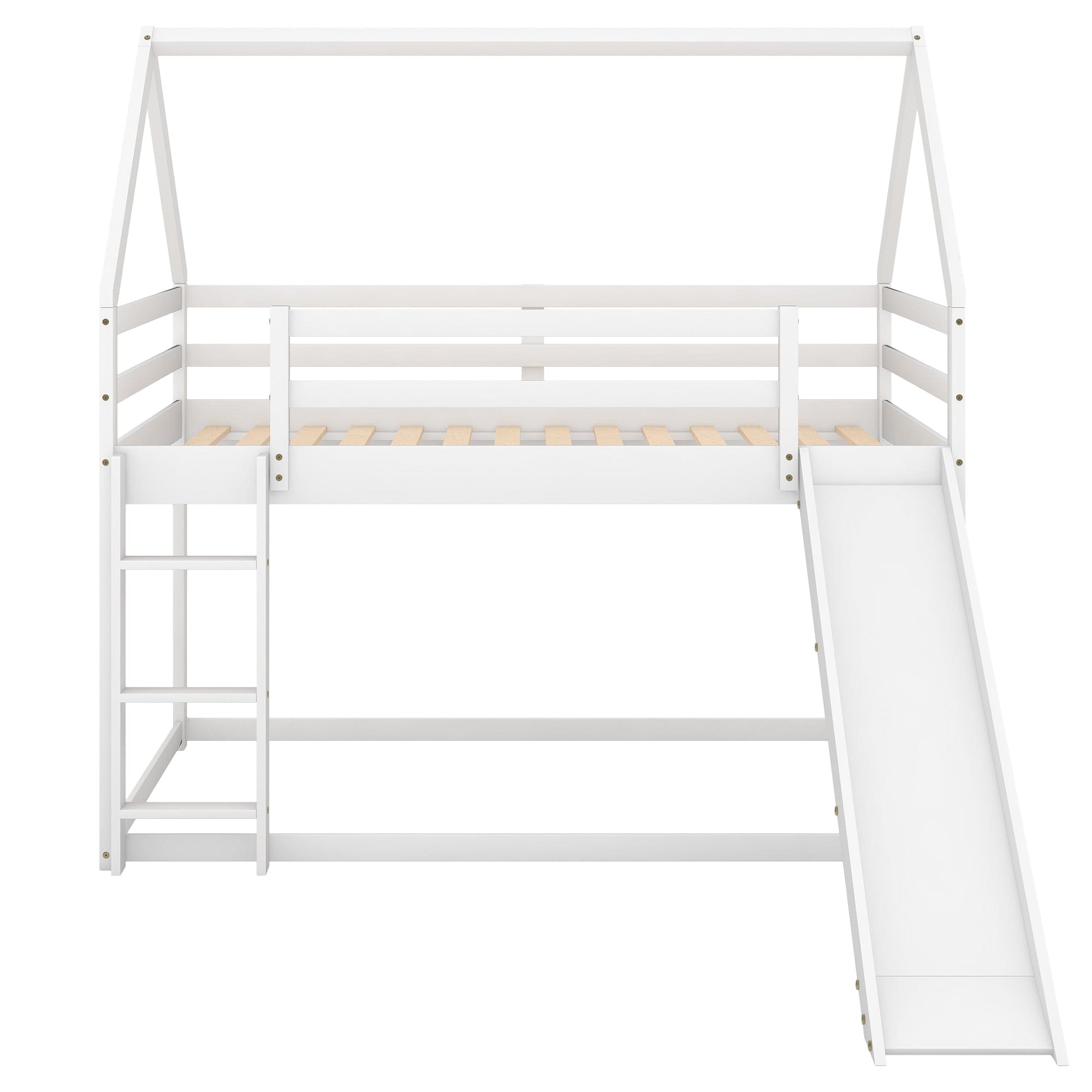 Twin Size Bunk House Bed with Slide and Ladder,White