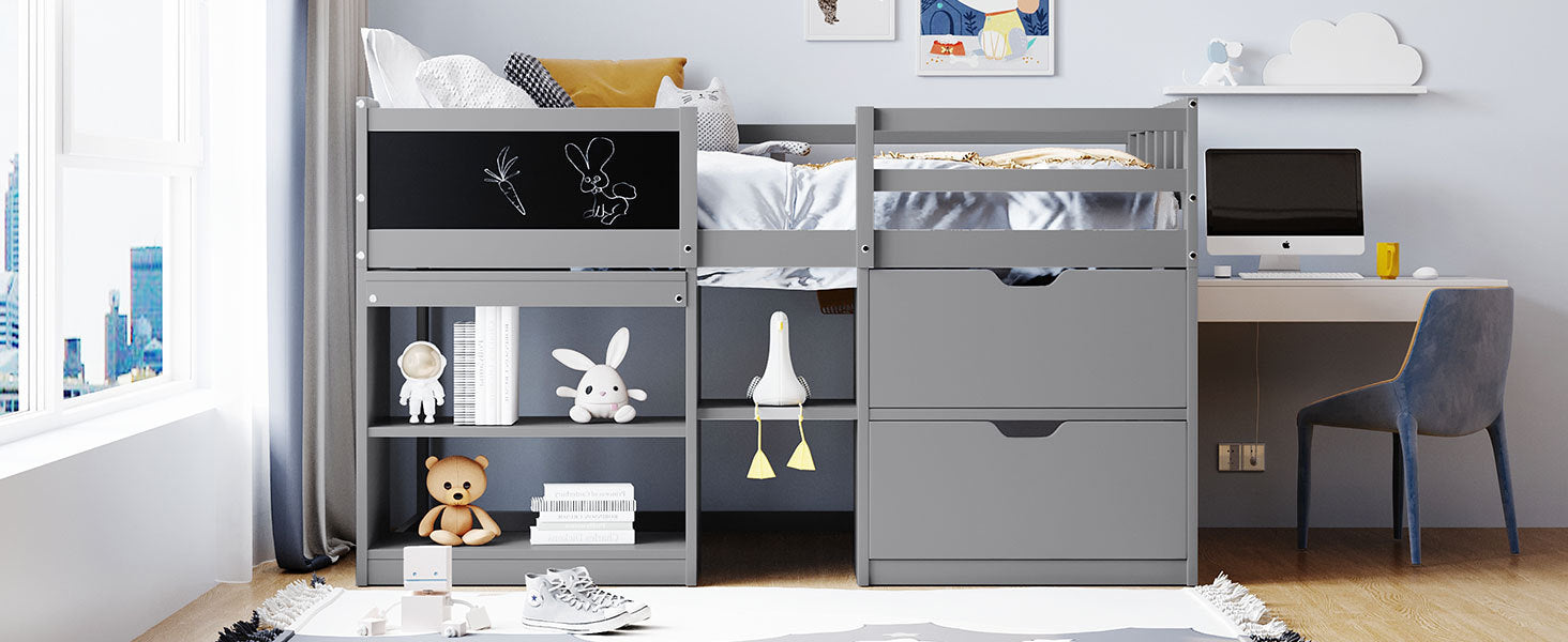 Twin Size Low Loft Bed with Rolling Desk, Shelf and Drawers - Gray