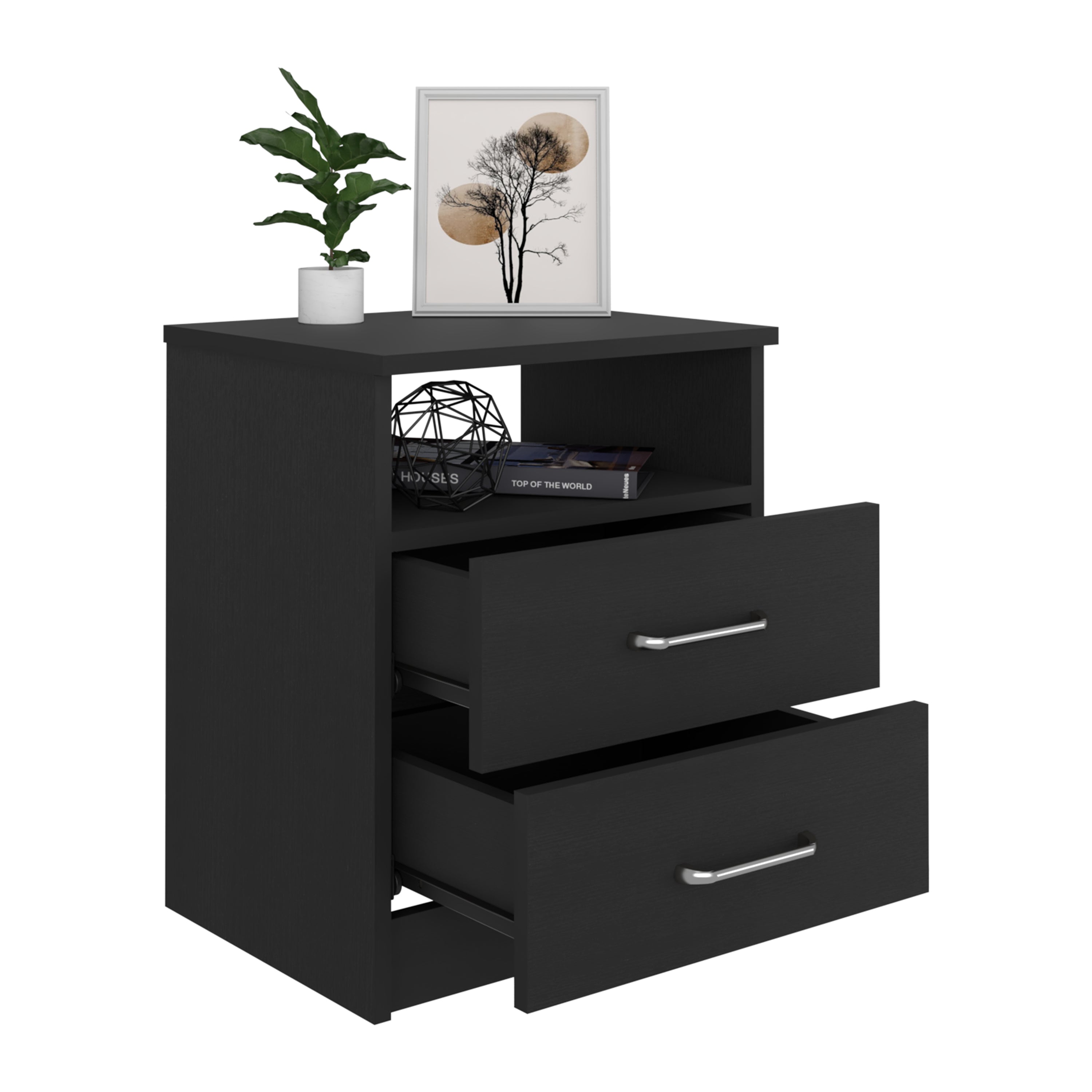 Nightstand Olivenza, Two Drawers, Black Wengue Finish