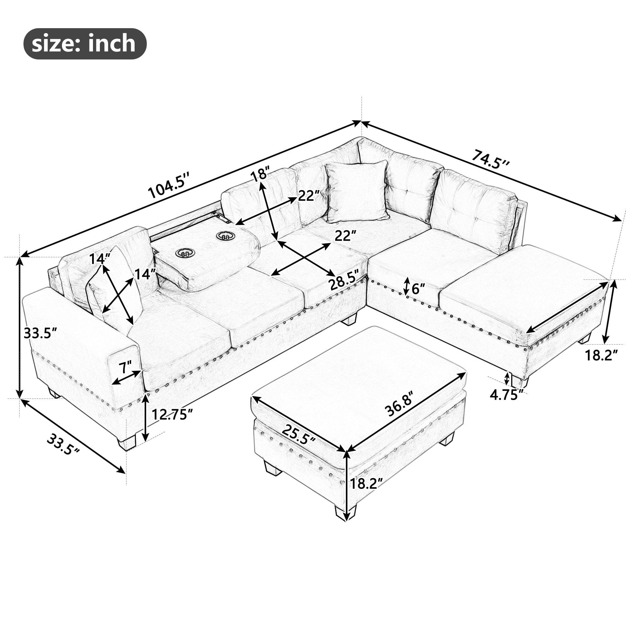 104.5" Modern Sectional Sofa with Storage Ottoman, L-Shape Couch with 2 Pillows and Cup Holder,Sectional Sofa with Reversible Chaise for Living Room,Gray