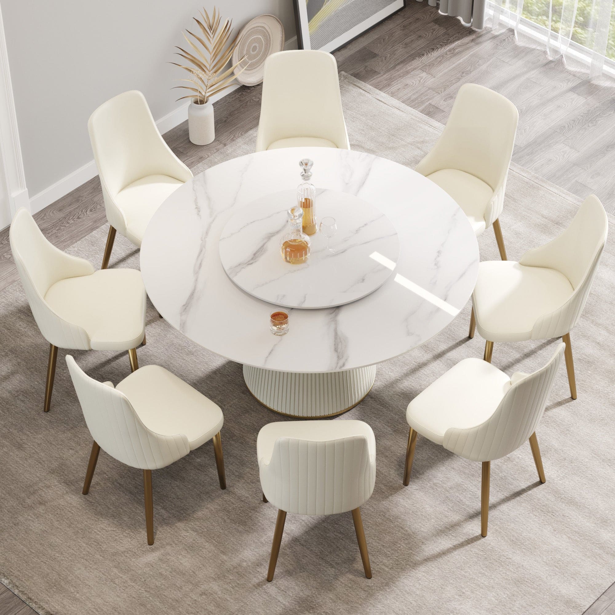 59.05 "Modern white artificial stone round beige plywood PU base dining table-can accommodate 8 people-31.5"white artificial stone turntable (Not including chairs. )