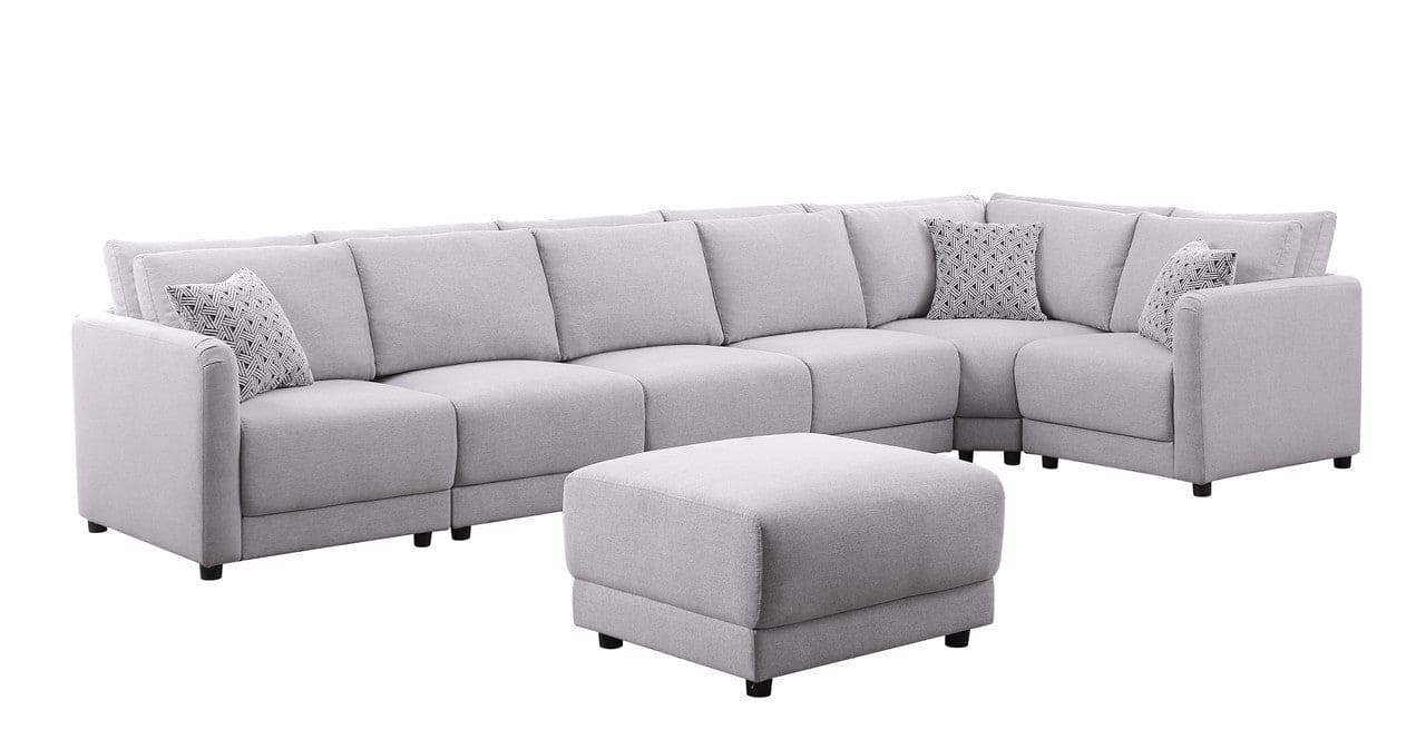 Penelope Light Gray Linen Fabric Reversible 7PC Modular Sectional Sofa with Ottoman and Pillows