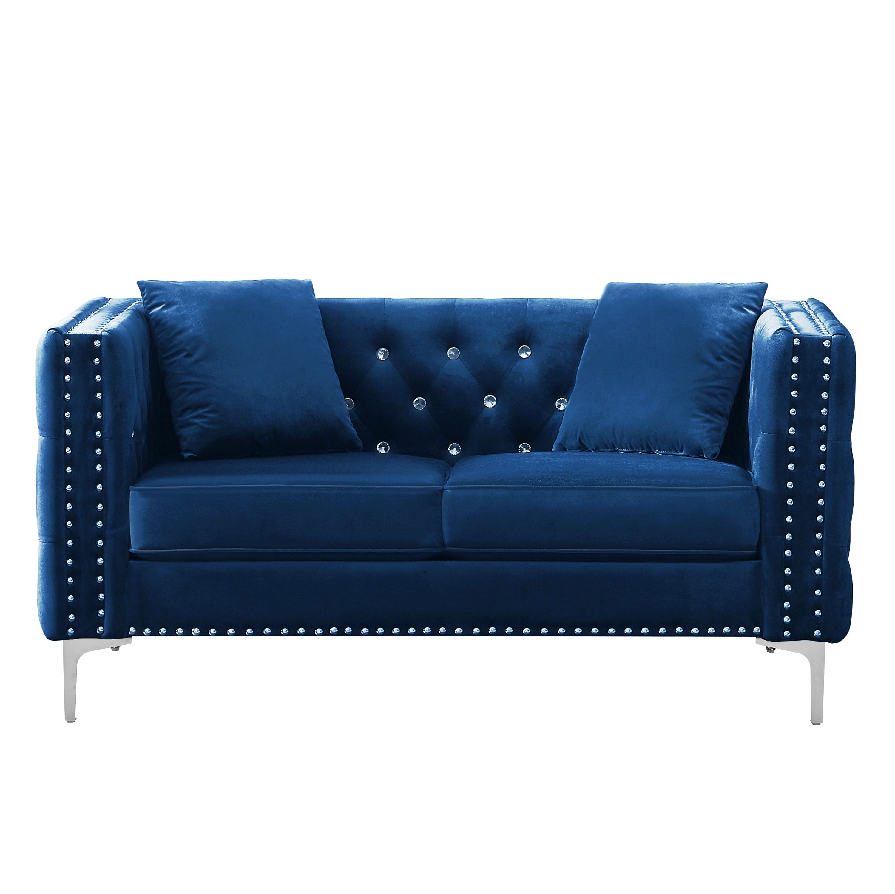 59.4 Inch Wide Blue Velvet Sofa with Jeweled buttons,Square Arm ,2 Pillows