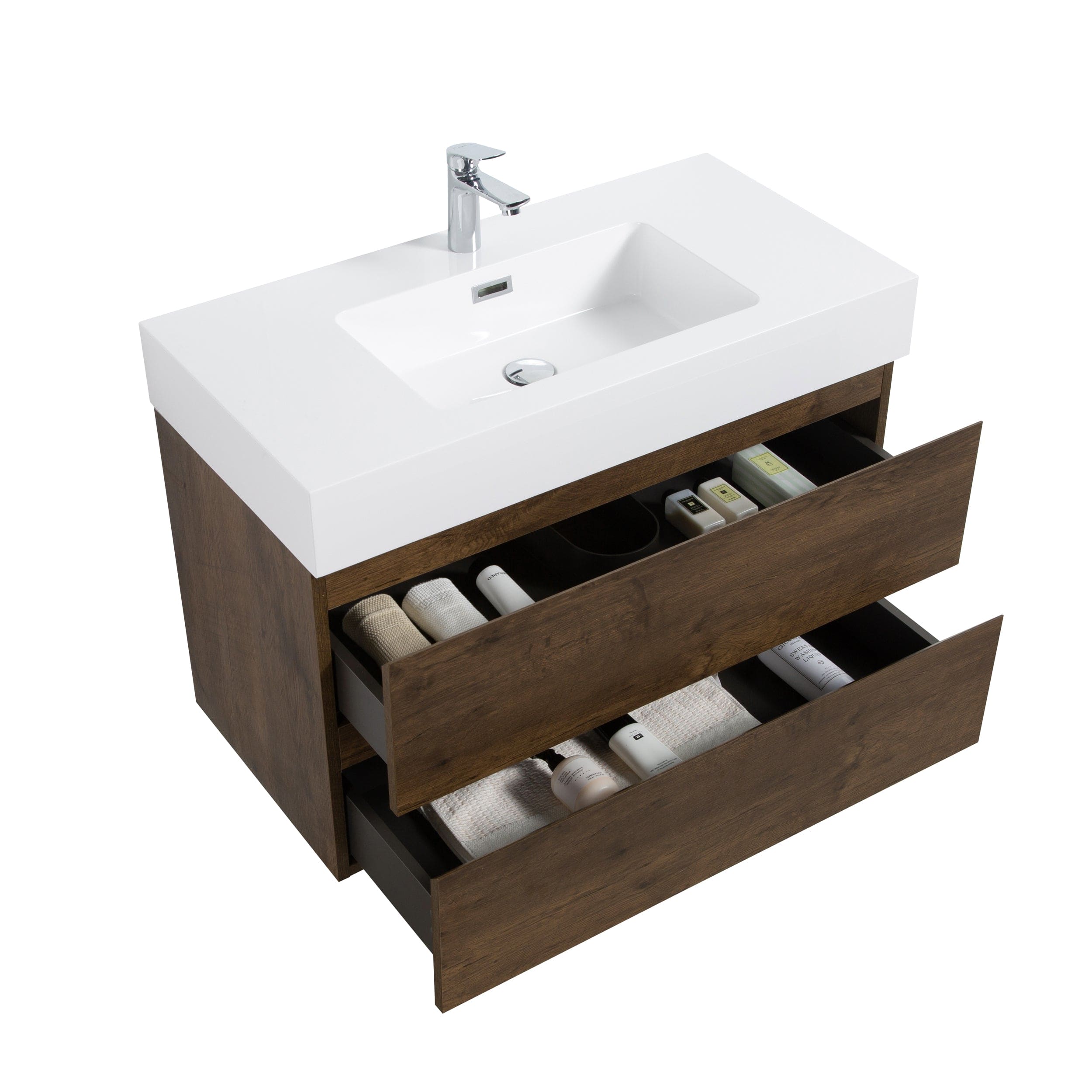 Alice 36" Walnut Bathroom Vanity with Sink, Large Storage Wall Mounted Floating Bathroom Vanity for Modern Bathroom, One-Piece White Sink Basin without Drain and Faucet