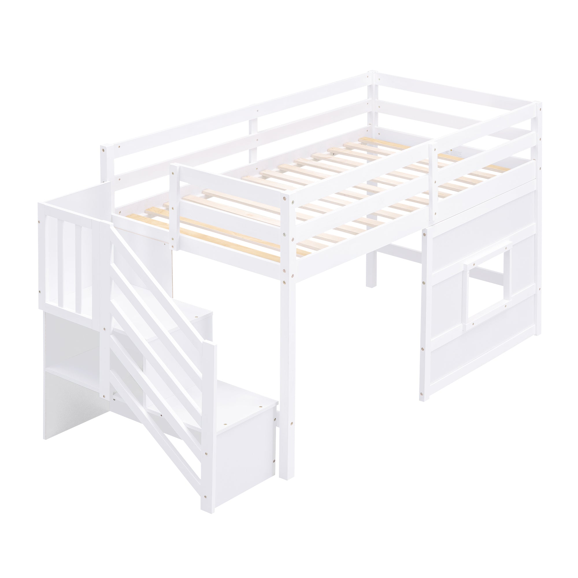 Twin Size Loft Bed with Storage Staircase and Window, White