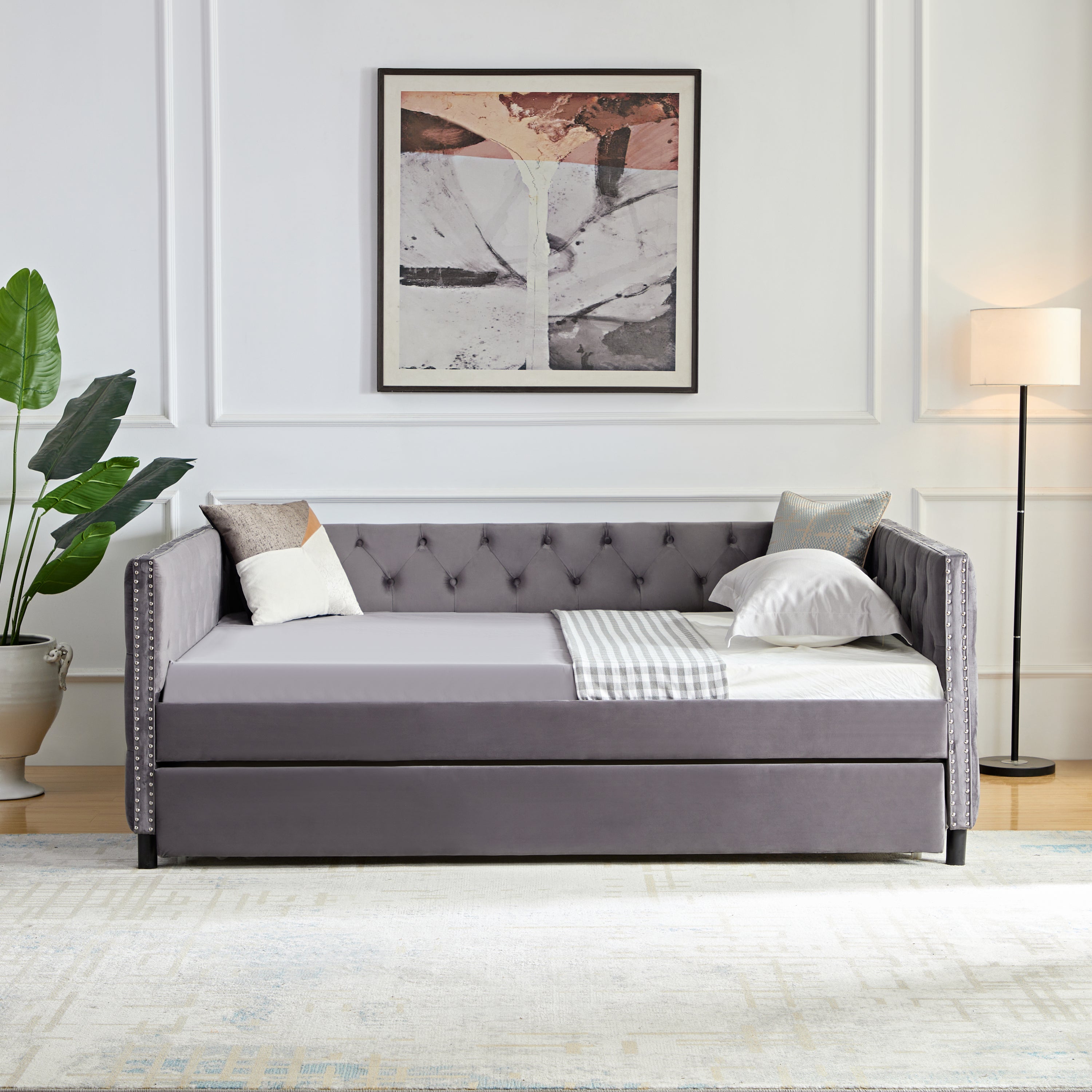 Sofa bed with wheels, upgraded velvet upholstered sofa bed, with Button and Copper Nail on Square Arms,bedroom living room furniture (gray,full,82.75"x58"x30.75")