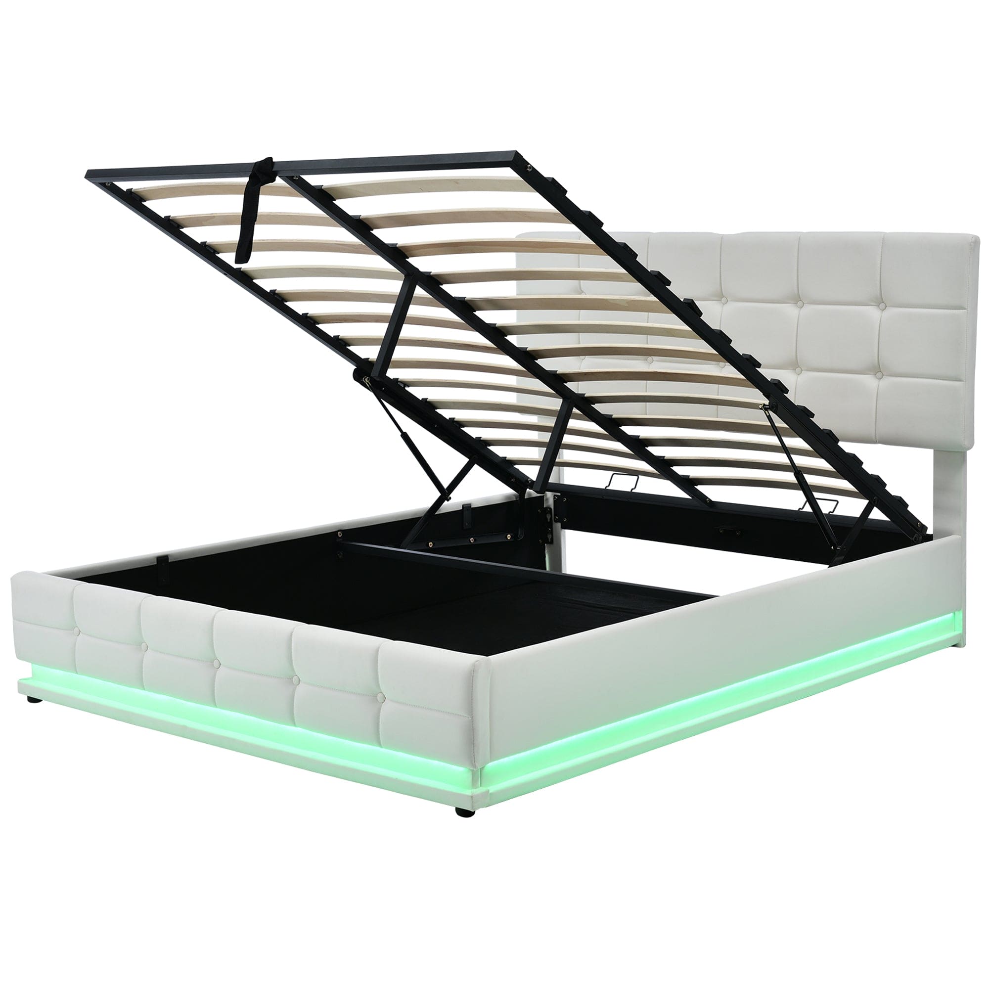 Tufted Upholstered Platform Bed with Hydraulic Storage System,Queen Size PU Storage Bed with LED Lights and USB charger, White