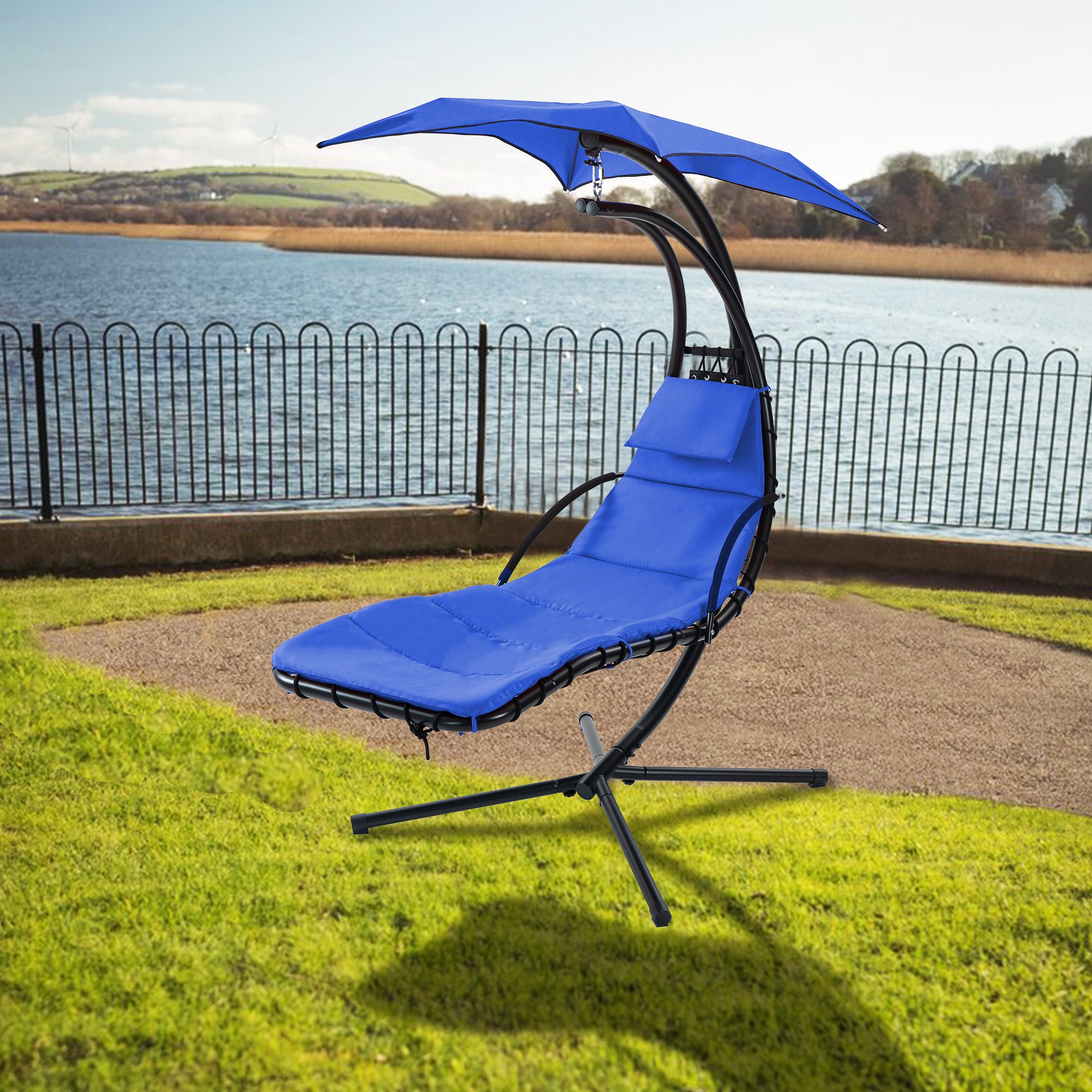 Hanging Chaise Lounger with Removable Canopy, Outdoor Swing Chair with Built-in Pillow, Hanging Curved Chaise Lounge Chair Swing for Patio Porch Poolside, Hammock Chair with Stand (Blue)