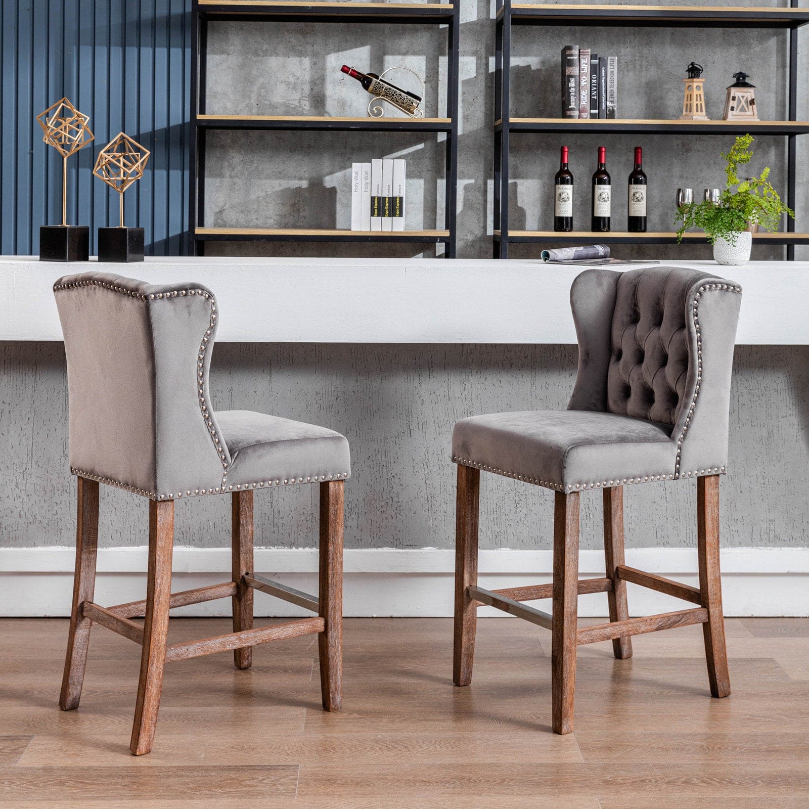 A&A Furniture,Counter Height Bar Stools, Upholstered 27" Seat Height Barstools, Wingback Breakfast Chairs with Nailhead-Trim & Tufted Back, Wood Legs, Set of 2(Grey)