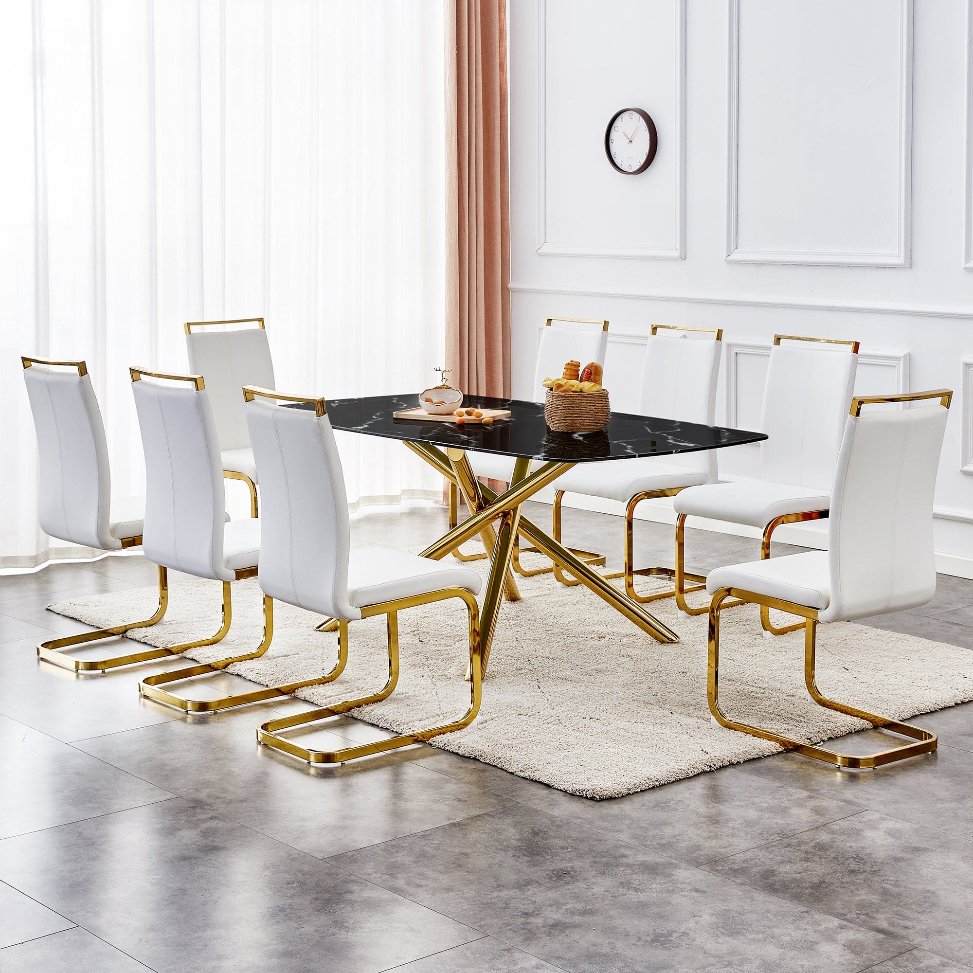 Large modern minimalist rectangular dining table with 0.39 "imitation marble black tabletop and golden metal legs, for Kitchen Dining Living Meeting Room Banquet hall 1537