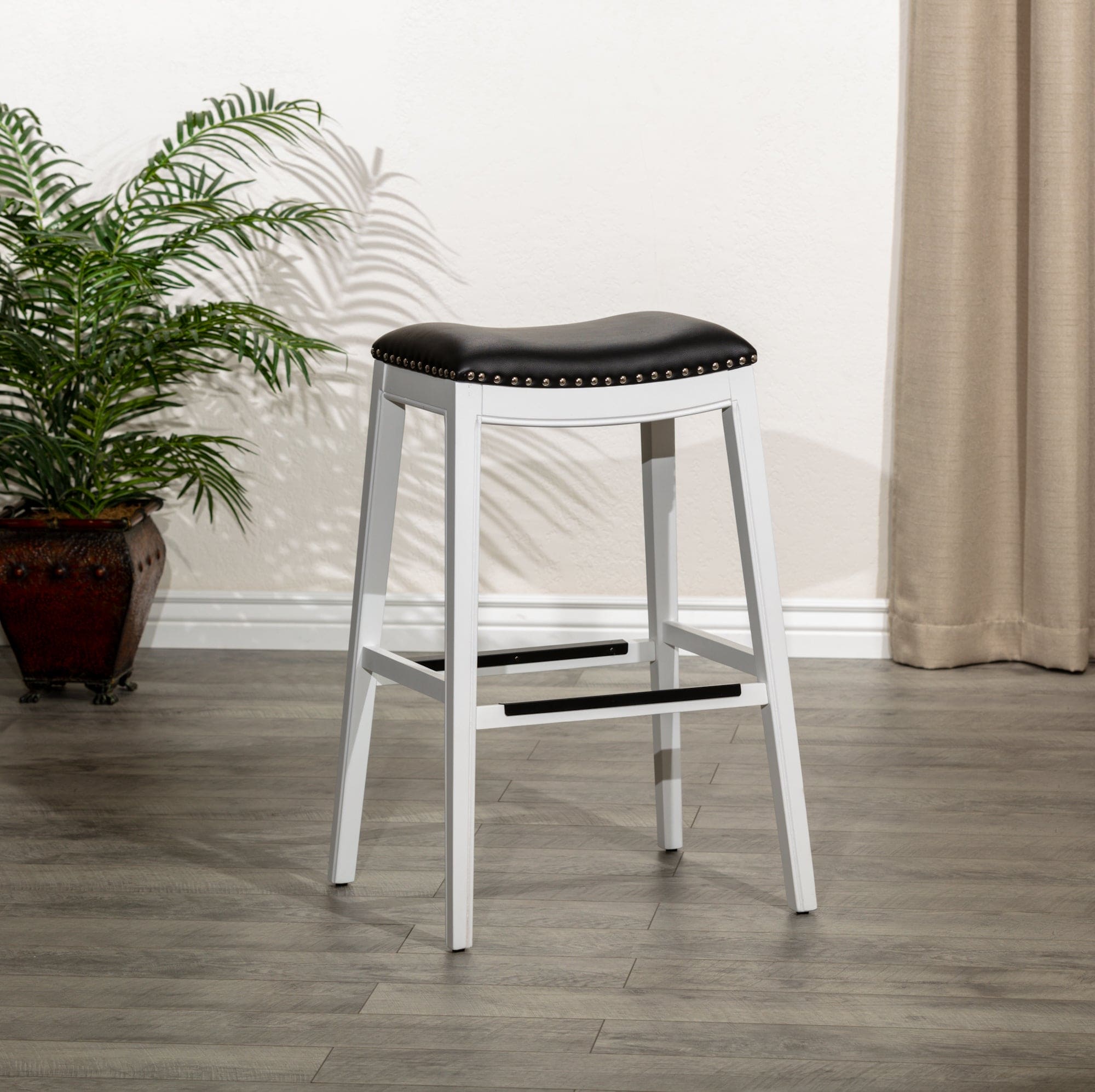 30" Bar Stool, White Finish, Black Leather Seat