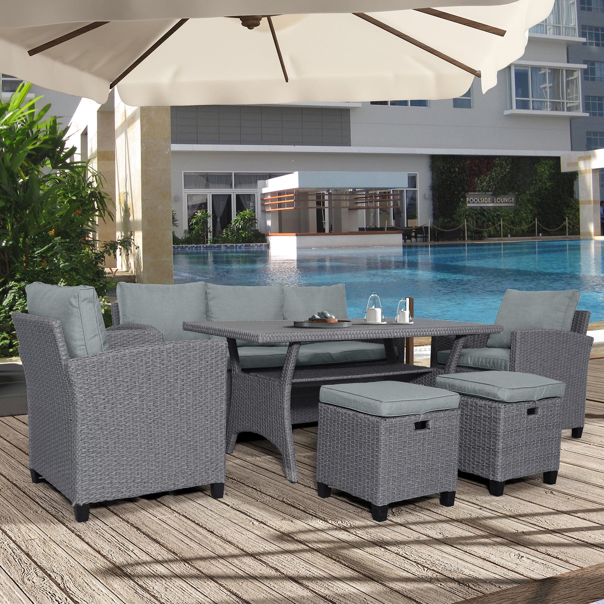 TOPMAX 6-Piece Outdoor Rattan Wicker Set Patio Garden Backyard Sofa, Chair, Stools and Table(Gray Rattan+Gray Cushion)