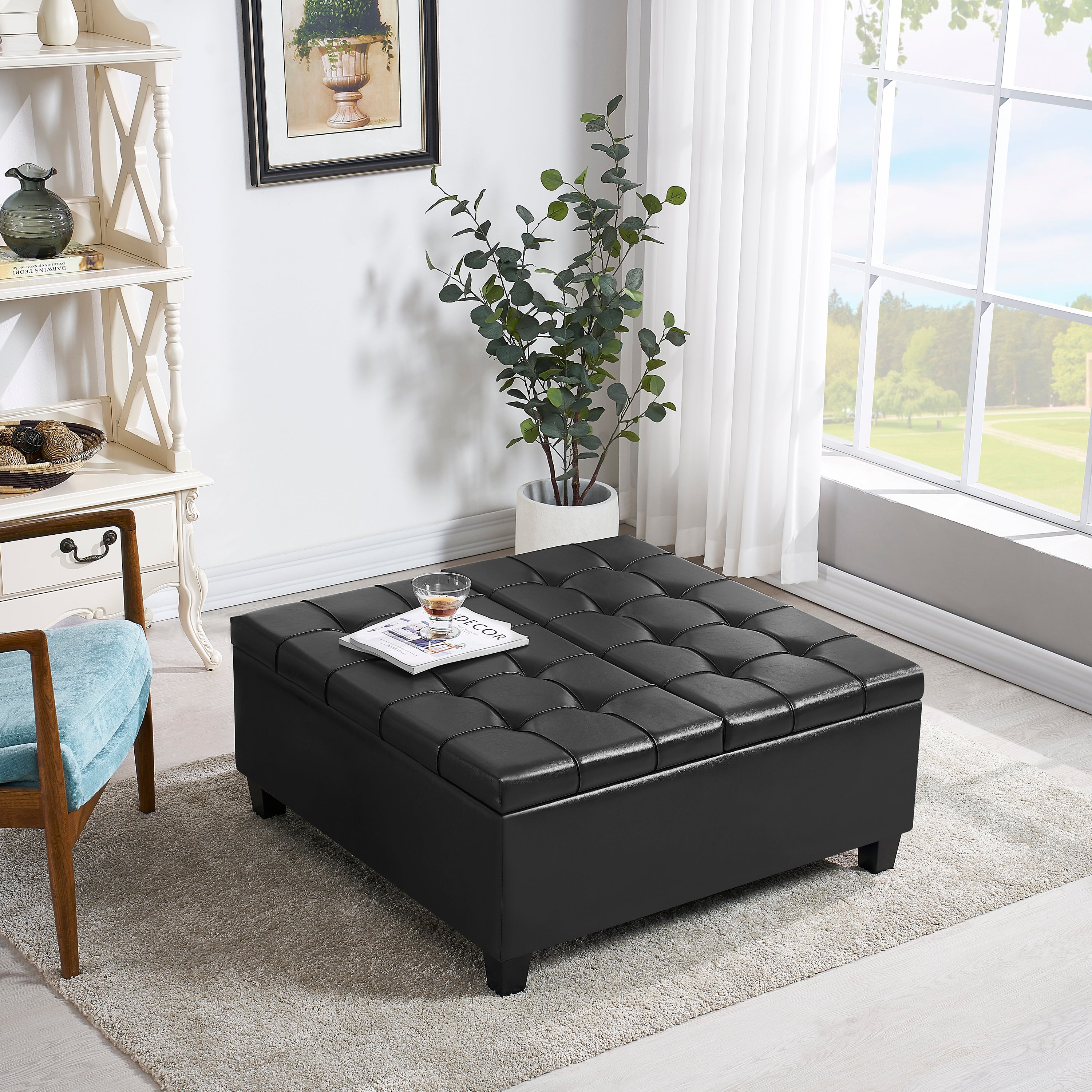 Large Square Faux Leather Storage Ottoman | Coffee table for Living Room & Bedroom (Black)