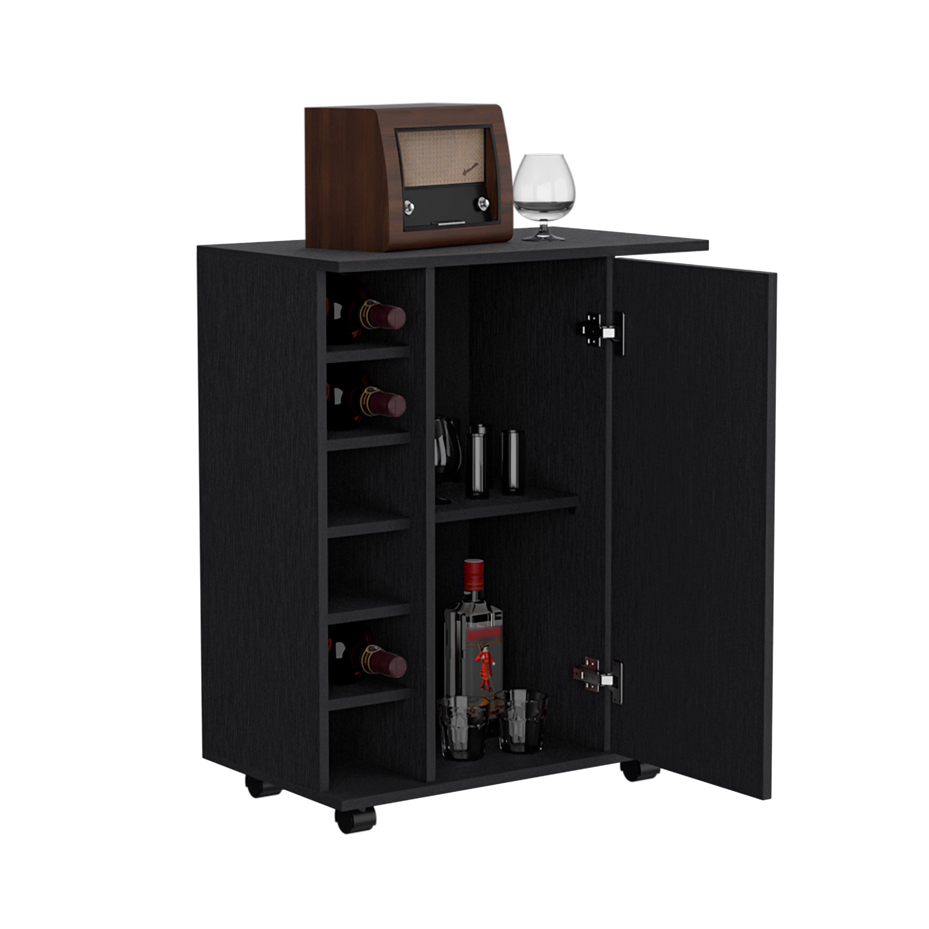 Bar Cart with Six-Wine Cubbies Cabot, Two-Side Storage Shelves and Casters, Black Wengue Finish