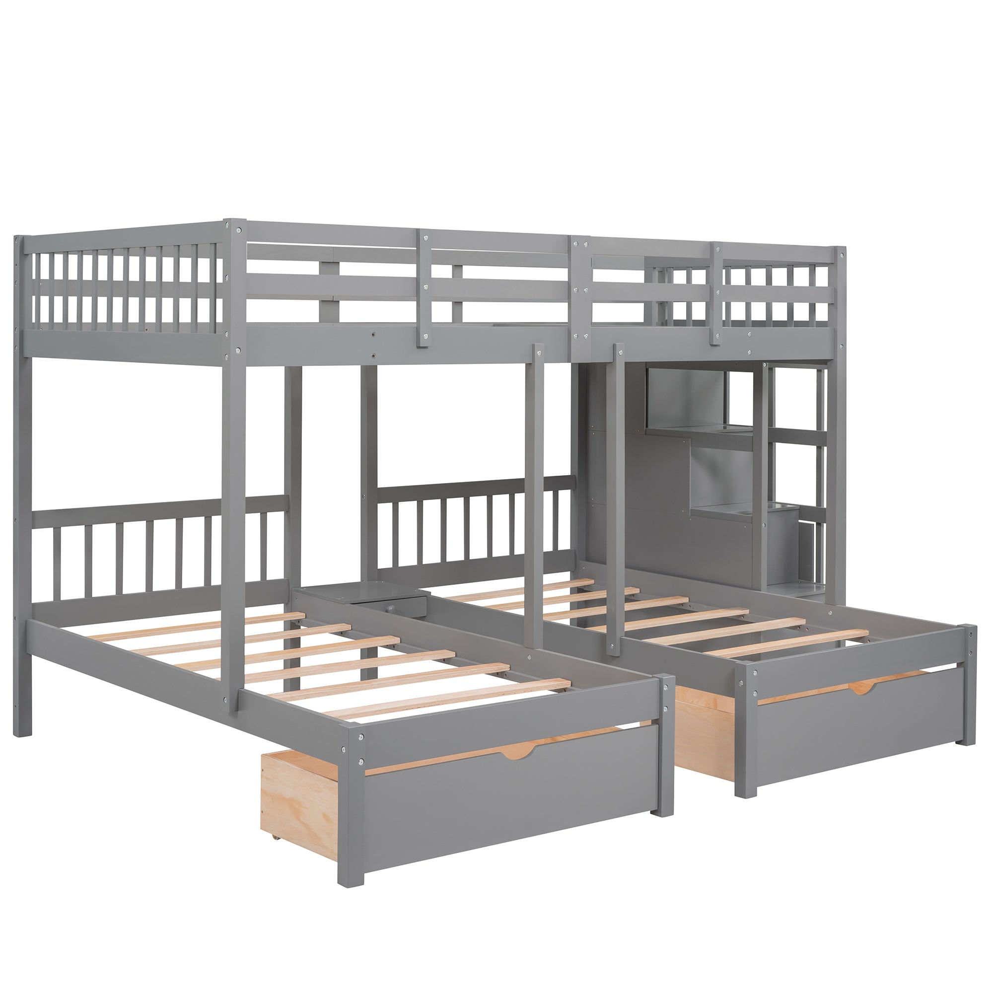 Full Over Twin & Twin Bunk Bed, Wood Triple Bunk Bed with Drawers and Guardrails (Gray)