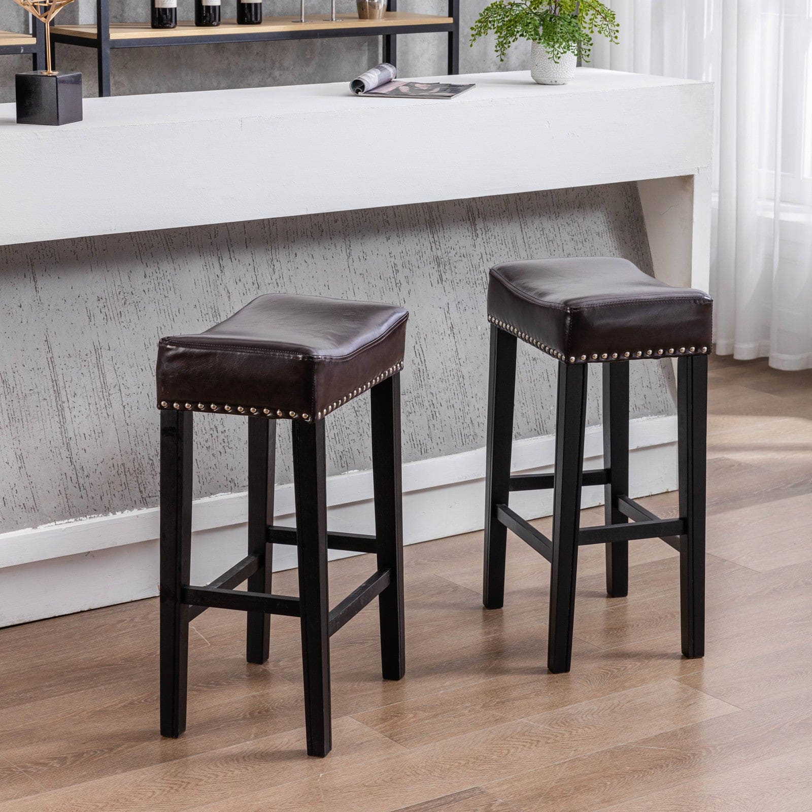 A&A Furniture,Counter Height 29" Bar Stools for Kitchen Counter Backless Faux Leather Stools Farmhouse Island Chairs (29 Inch, Brown, Set of 2)